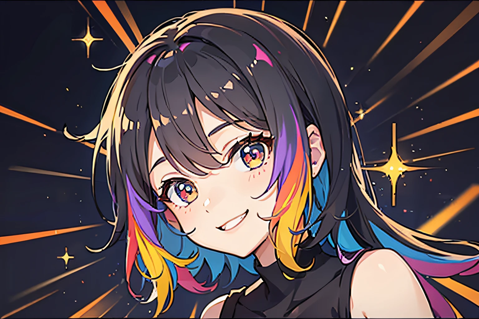 1 girl,17 years old,(Cartoon style:1.4),Bright smile,Active pose,Cute, Colorful hair, Big eyes, (3 or more colorful backgrounds:1.3),