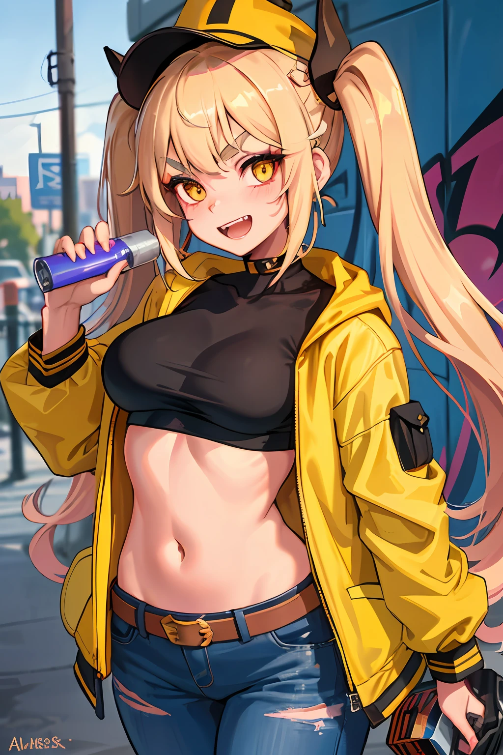 Original Character, Volumetric Lighting, Best Shadows, Shallow Depth of Field, Portrait Of Stunningly Beautiful Girl, Petite, Delicate Beautiful Attractive Face With Alluring Yellow Eyes, Messy Painted Face, Sharp Eyebrows, Broadly Smiling, Open Mouth, Fangs Out, Lovely Medium Breasts, Layered Long Twintail Blond Hair, Blush Eyeshadow, Thick Eyelashes, Applejack Hat, Oversized Pop Jacket, Mini Underboob Tee, Open Navel, Slim Waist, Denim Jeans Pants, With Buckle Belt, In The Graffiti Alley, Waste Container, Outside Stairs, Outdoor Unit, Holding Spray Paint Can, Standing, (Highest Quality, Amazing Details:1.25), (Solo:1.3), Brilliant Colorful Paintings