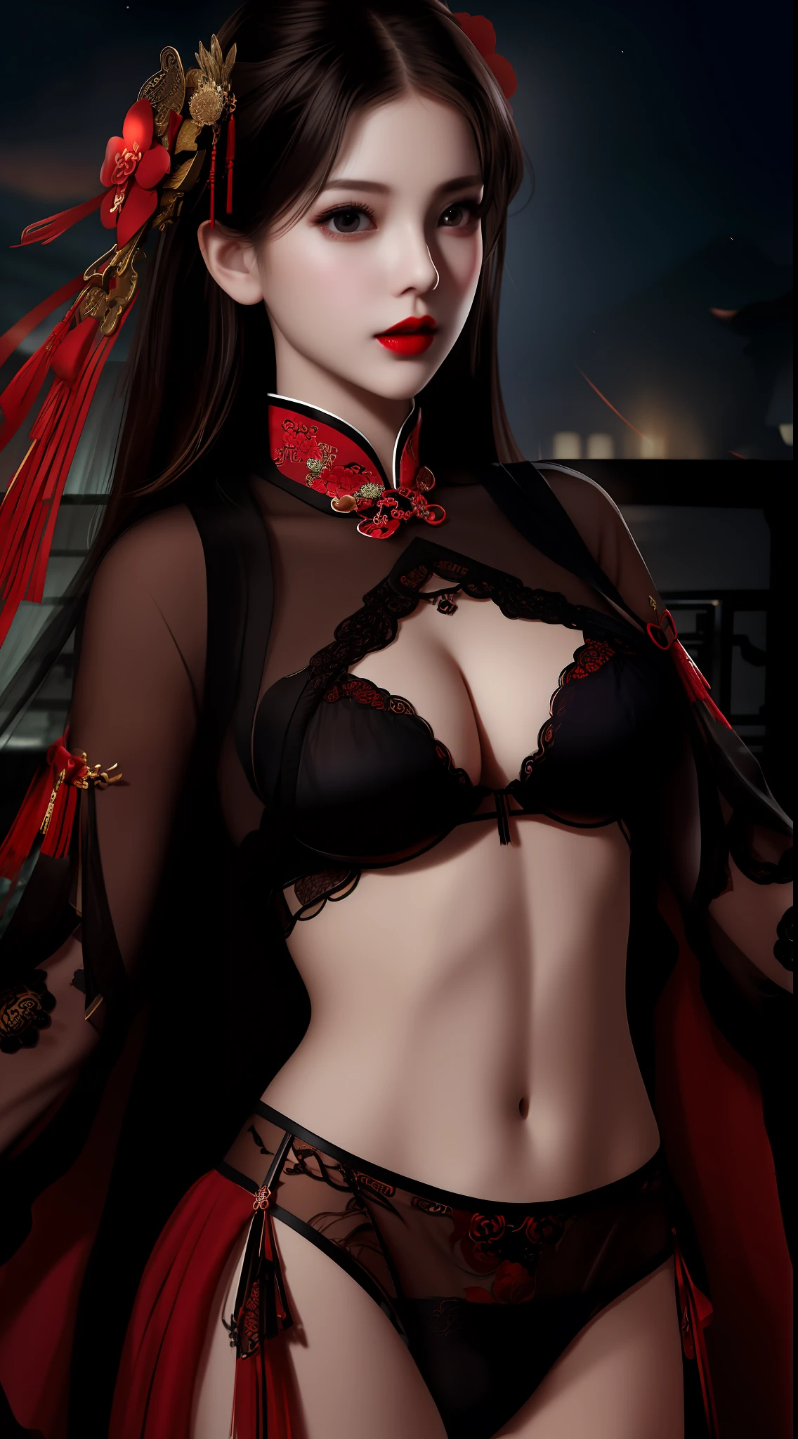 Realistic, 1 girl, see-through chinese armor soft red black, very large breasts, black hair, red lips, detailed eyes , dark backgrou,,Low light, Chinese underwear, best face, Low light landscape, sexy style, royal, Penetration , chinese underwear,bust, Dark background, Detailed face, taken from the belly up