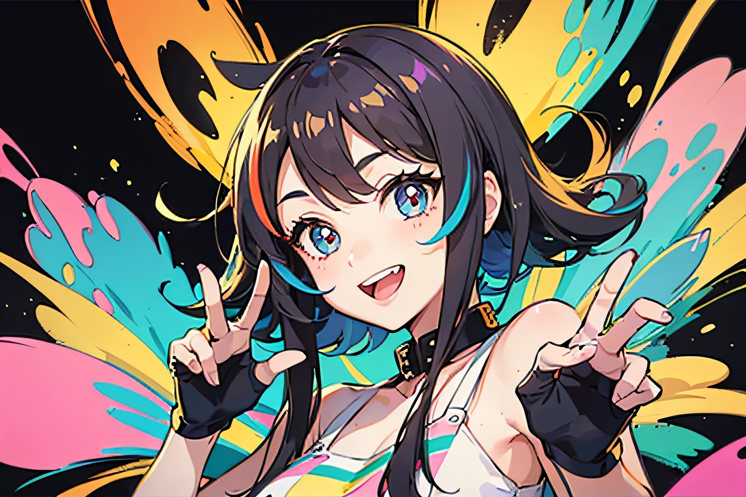 1 girl,,(Cartoon style:1.4),Bright smile,Active pose,Cute, Colorful hair, Big eyes, (3 or more colorful backgrounds:1.3),
