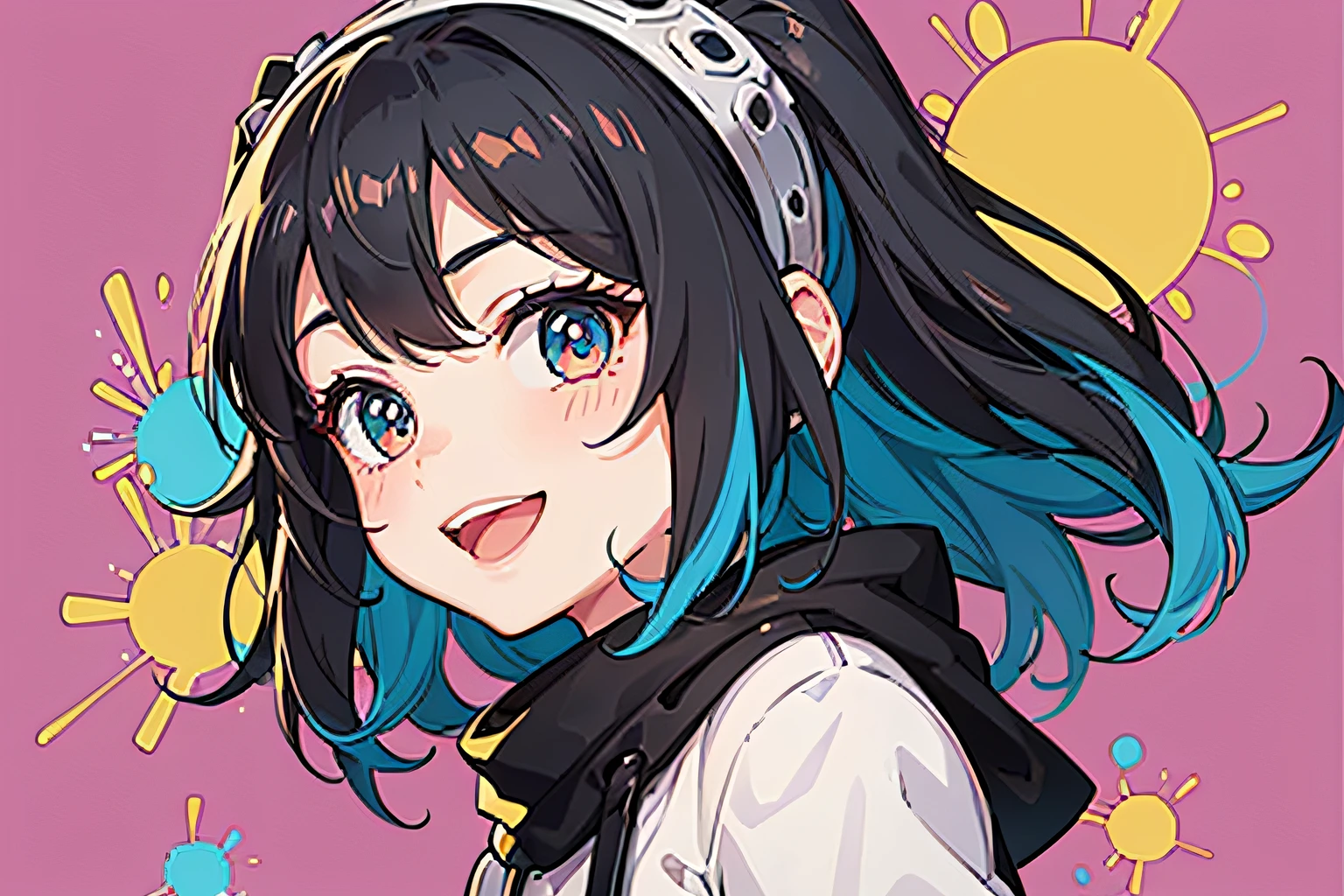 1 girl,17 years old,(Cartoon style:1.4),Bright smile,Active pose,Cute, Colorful hair, Big eyes, (3 or more colorful backgrounds:1.3),