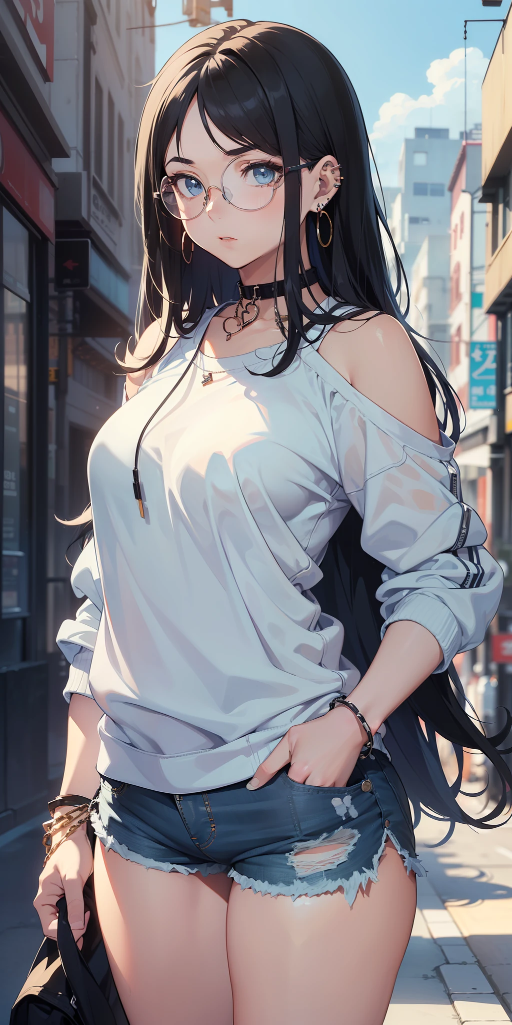 ((masterpiece)), ((best quality)), ((anime profile style)), a 20 year old girl, ((light blue eyes)), ((perfect)), ((round transparent glasses)) , eyebrow, nose, ear, ((ear piercing)), mouth, ((long black hair messing up)), neck, shoulders, arms, ((white sweatshirt)), ((ripped shorts)), ((pants sock )), ((thick legs)), ((big thigh)), (neck chain), background scenery