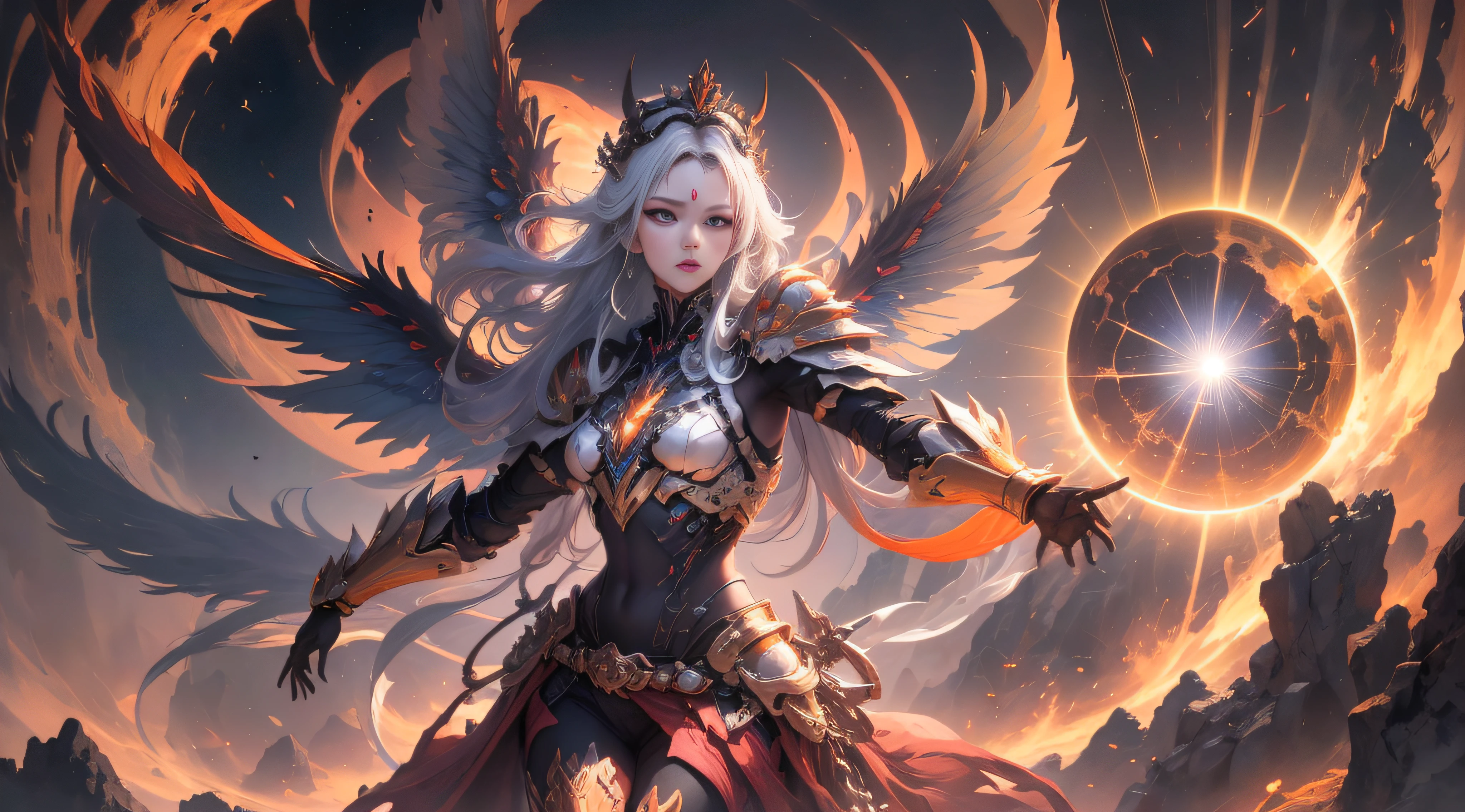 1 demon, emperor of darkness, detailed eyes, detailed face, detailed skin, mature body, tall body, seductive body, desert BREAK and pyramid bottoms, holding only a holy sun scepter, phoenix dragon in the sky, highly saturating sun rays, holy ceremony, angelic halo, dazzling golden and orange spark around, sacred magic circle, golden crown, golden majical lightning, best quality, masterpiece, trend in art station, BREAK, detailed, realistic, highly detailed digital art 8k, octane rendering, bioluminescent, concept art resolution BREAK 8K, realism, by studios Mappa, masterpiece, best quality, official art, illustration, ligne claire, (cool_color), perfect composition, absurd, fantasy, focused, full body in attack pose, night sky with clouds, full moon, 8k,