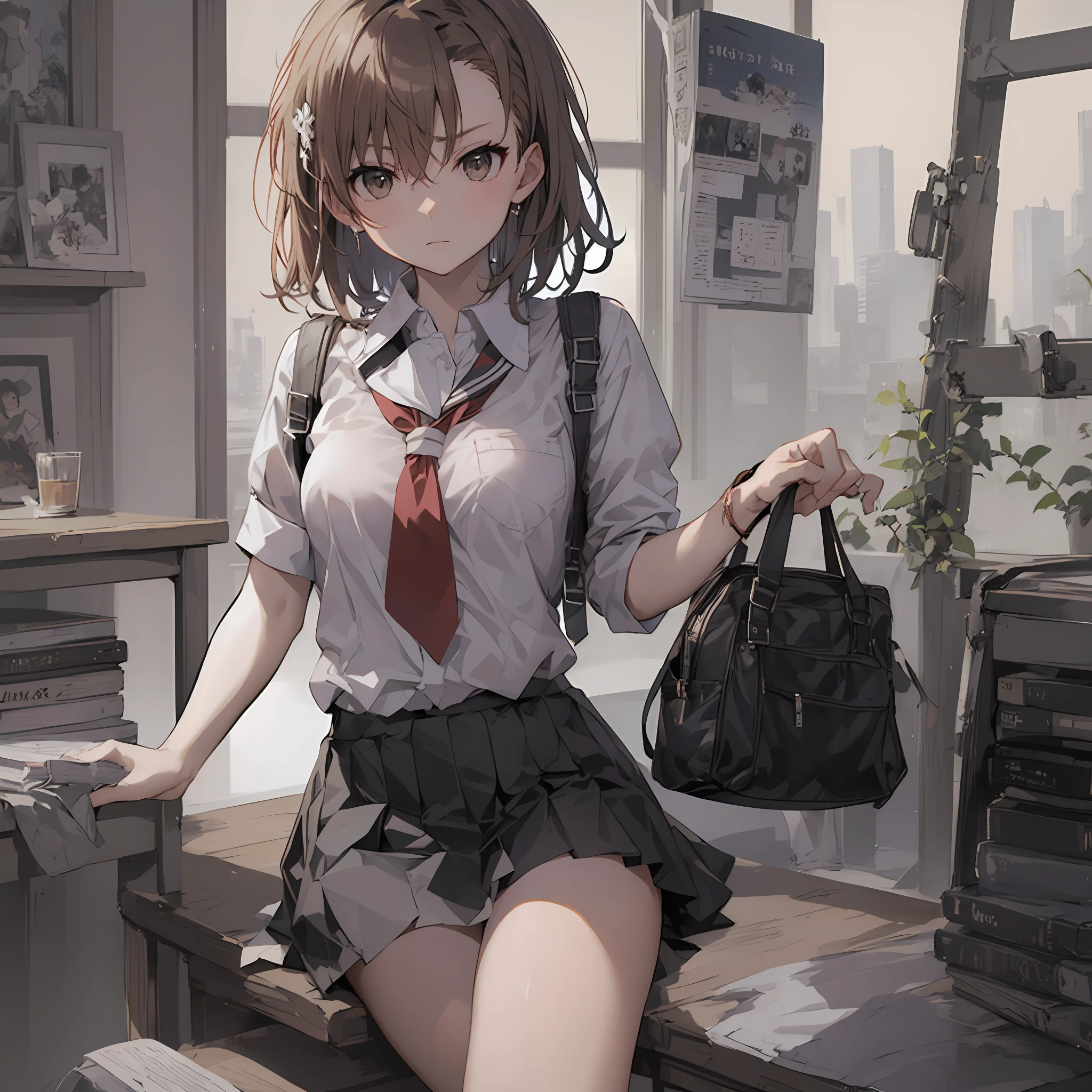 Masterpiece, Best Quality, High Resolution, Misaka Mikoto Beautiful Legs Misaka Mikoto Uniform High School Student Shorts Worn Inside Skirt Super Best Skin White Loose Socks City Road Short Hair Angry