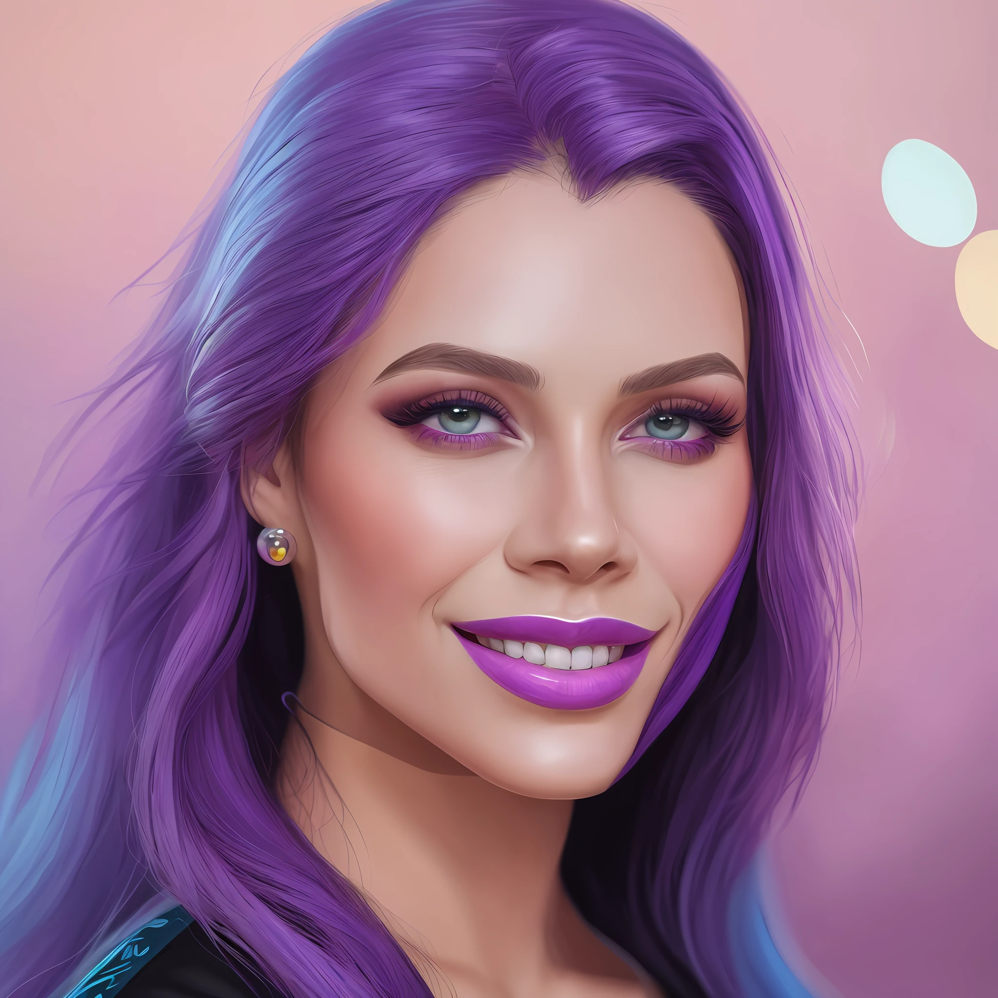 a close up of a woman with purple hair and a blue top, glossy digital painting, stunning digital painting, digital art portrait, digital illustration portrait, gorgeous digital painting, cartoon digital painting, style digital painting, in style of digital illustration, digital portrait, realistic digital painting, stunning digital illustration, digital fantasy portrait, beautiful digital painting, airbrush digital oil painting