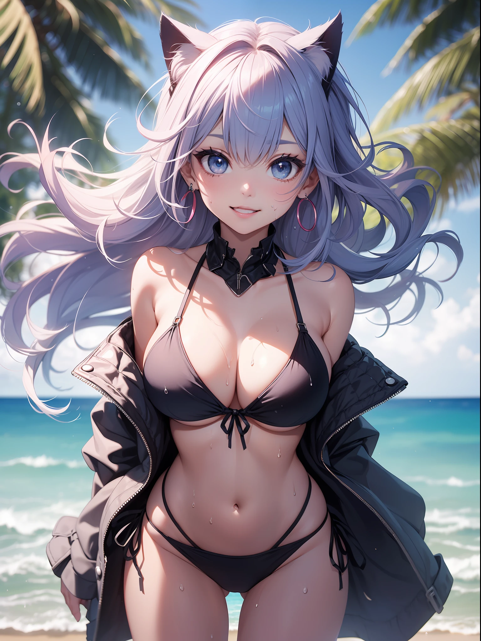 Absurd, super detailed, masterpiece, top quality, break, official art, (beautiful and aesthetic: 1.2), (watercolor: medium), break, devilish beautiful girl, beautiful girl, (cute: 1.3), 16 years old, break, colorful hair, split color hair, splash, (mixed blue and pink hair: 1.2), (fractal art 1.3), break, cat ears, sexy, Random Hair, Variegated Eyes: 15, Variegated Eye Color: 1.5, (Upturned Eyes, Smile: 1.2), (Hair Clip: 1.5), Earrings, NM1, Variegated Hairstyles: 15, (String Bikini, Skirt Bikini: 1.5), ((Milk dripping on breasts: 1.4), (Thighs: 1.3), (D Cup, cleavage: 1.3), (Breast Focus: 1.3), (Best Smile: 1.3), Open Mouth, ( Chest: 1.3), round eyes, (milk dripping all over body: 1.3), (Blowing in the wind: 0.5), (sweat around girls, dripping sweat: 1.3), Squall (wind: 1.2), speed, refreshing breeze, motion blur effect, wind break Background (Beach: 1.3), (stand in the center of the screen: 1.3), outdoor, wind Break sunlight, magnificent view, light particles, dynamic angle, Dutch angle, perspective Break ( Daytime, Sunrays: 1.2), Depth of Field, Bokeh, Light Leakage, (Chromatic Aberration: 1.2), Noon Break