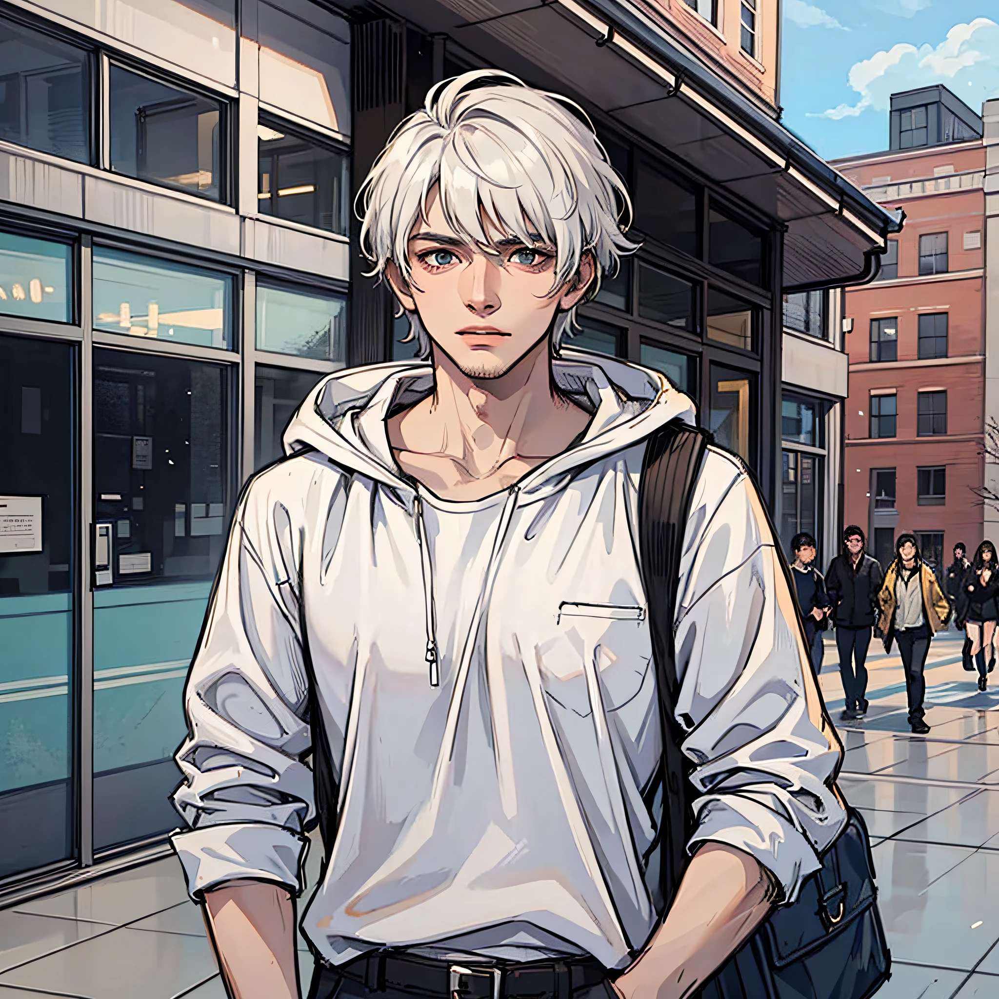 A man with short white hair, wearing a white shirt, looked cold, on campus, all over