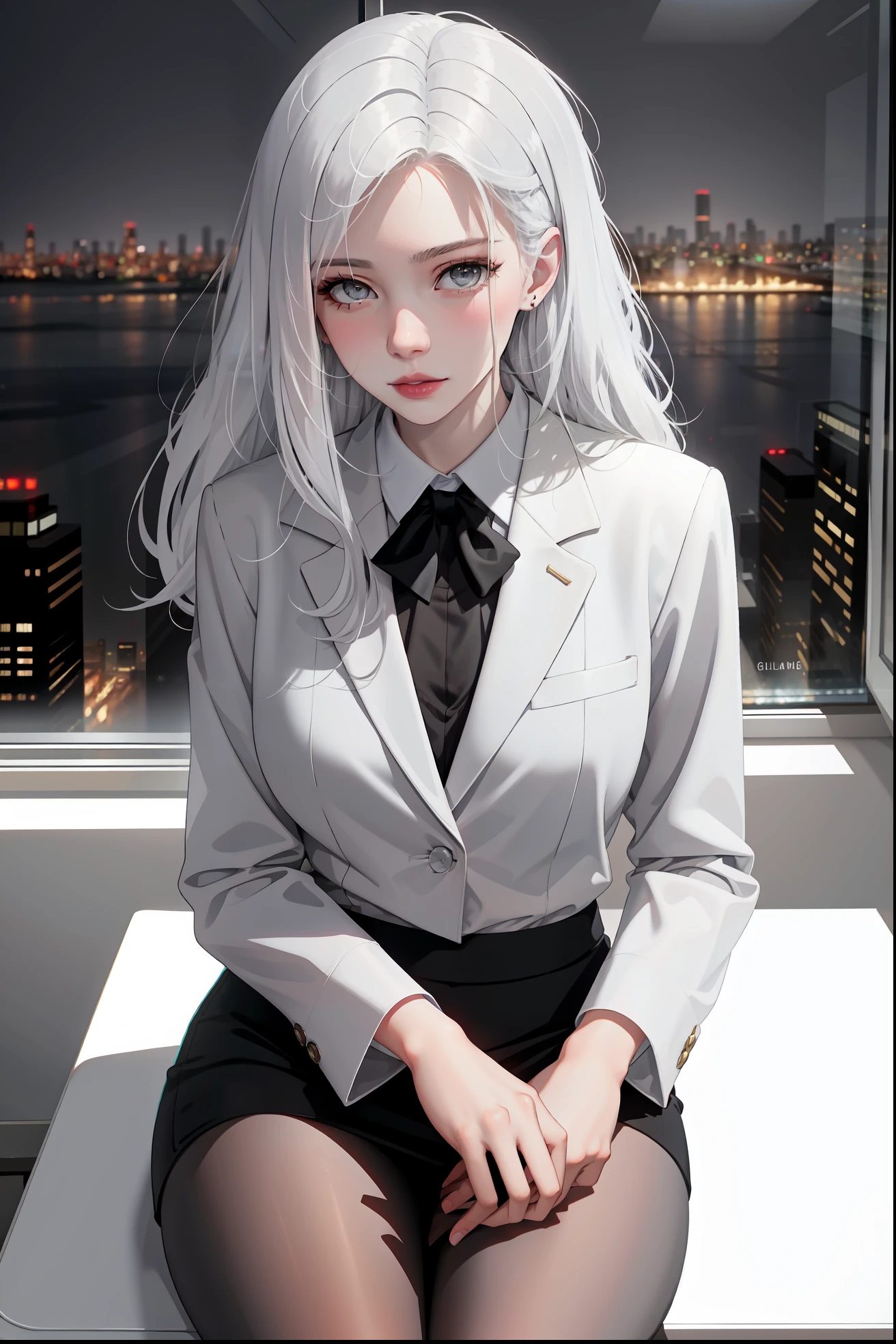 Woman wearing business outfit, formal blazer, white blouse, beautiful, masterpiece, best quality, perfect lighting, (white hair:1.2), long hair, (grey eyes:1.2), slender build, thin, medium breasts, business woman, ceo, sitting in luxurious black leather office chair, giant modern window with view of nighttime city skyline in background, close up
