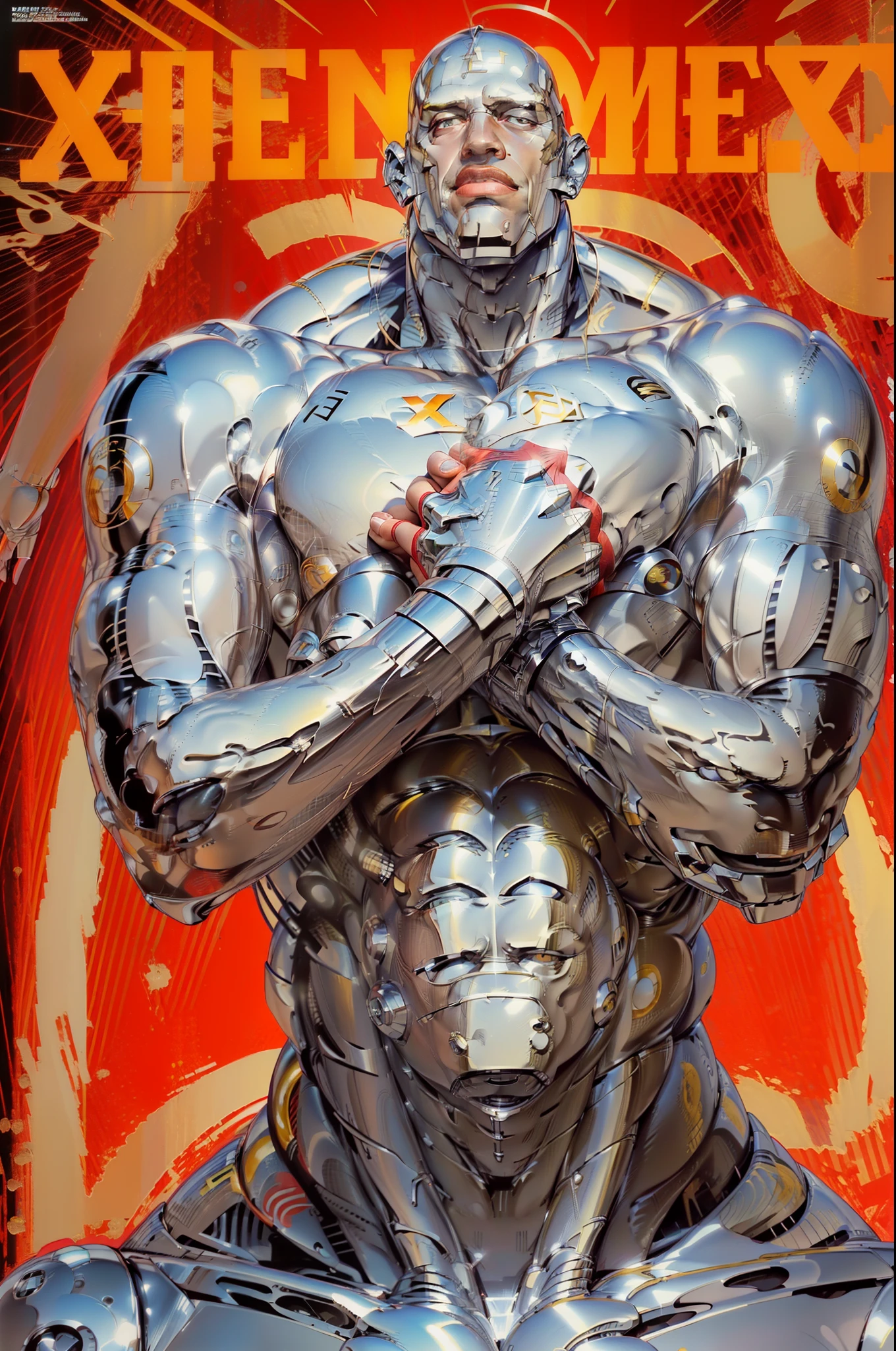 Sorayama style, metallic body, ((( best quality )))), ((( masterpiece ))), ((( absurdres ))), (( whole body in metal )))), super muscular man walking, perfect and hypertrophied body, Colossus of the X-men, Simon Bisley style for a cover of Heavy Metal magazine, all metal, metal face, metal arms, metal leg, ((( whole body in shiny metal ))), (( red background ))), USSR
