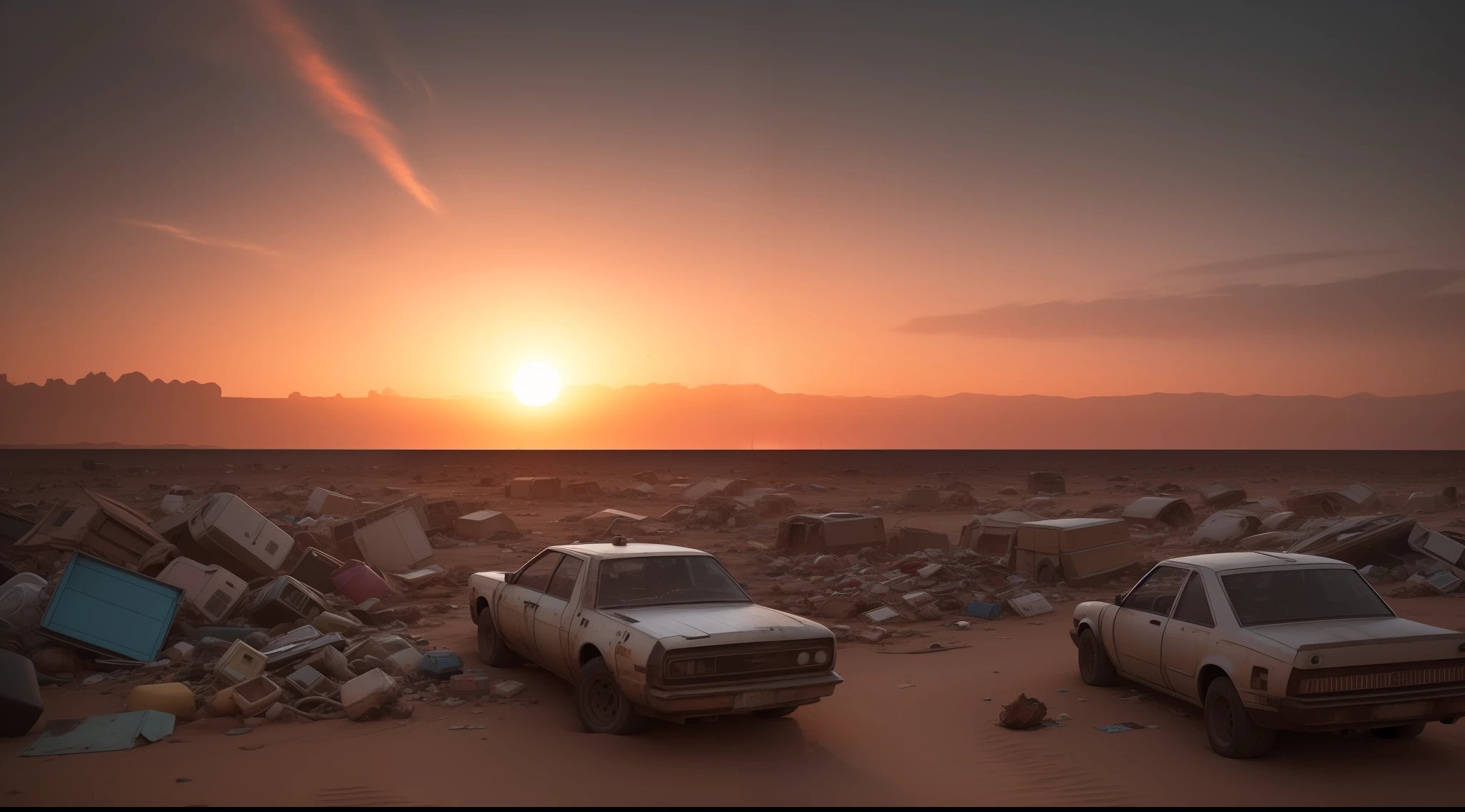The scorching sun shines over a golden sand desert, where piles of e-waste and technological debris spill across the horizon. A reddish and polluted sky contrasts with the desolate landscape. cyberpunk aesthetics, action film shot by Kon Satoshi, Semi Impasto style, matte paint, atmospheric, bright, dramatic lighting