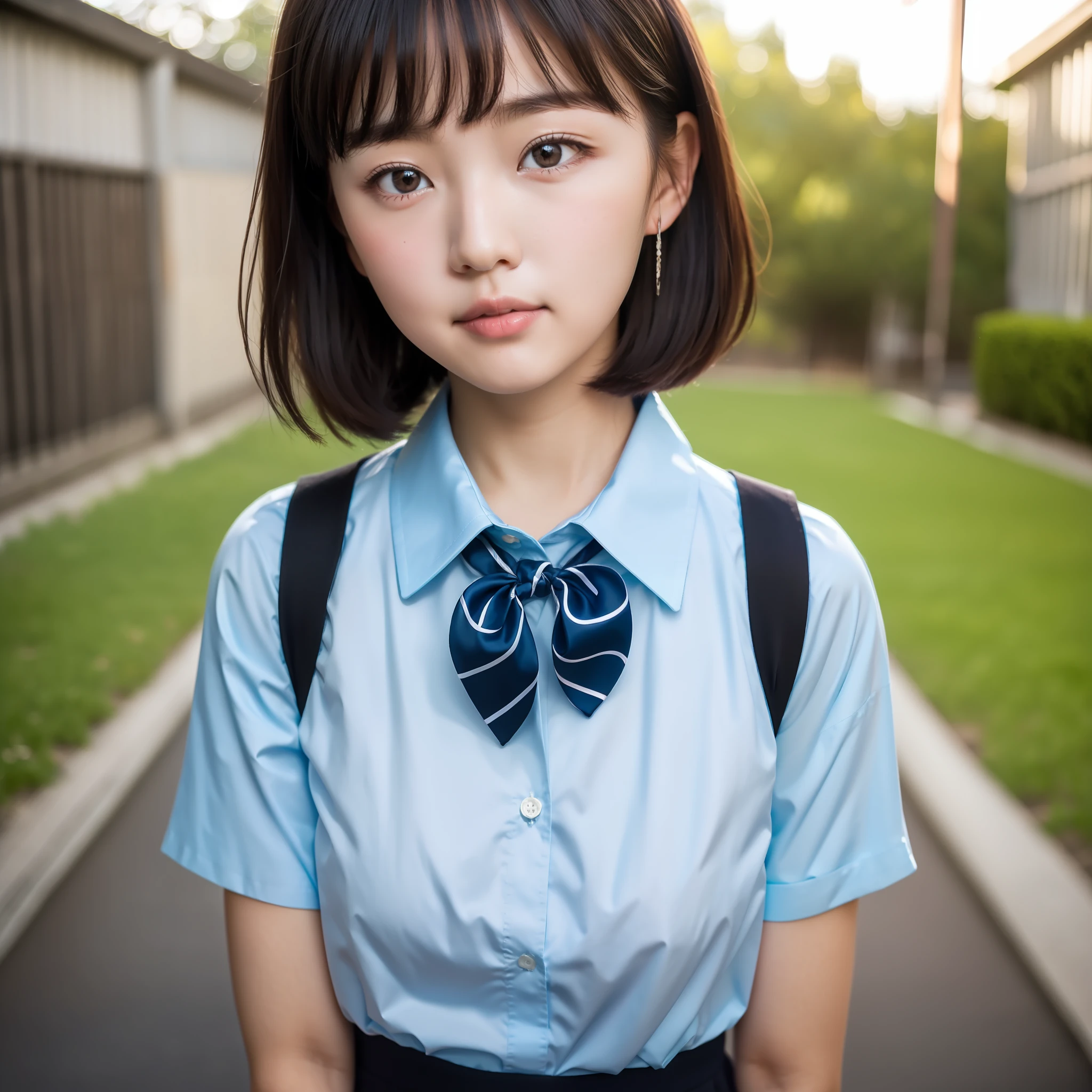 POV, cute schoolgirl, round face, cute beautiful girl, summer clothes cutter shirt, short cut, outfit color is pastel color, black hair, face close-up youth, puberty, pale light, schoolyard, no tie, cute little ribbon, natural light, dusk, front, camera look