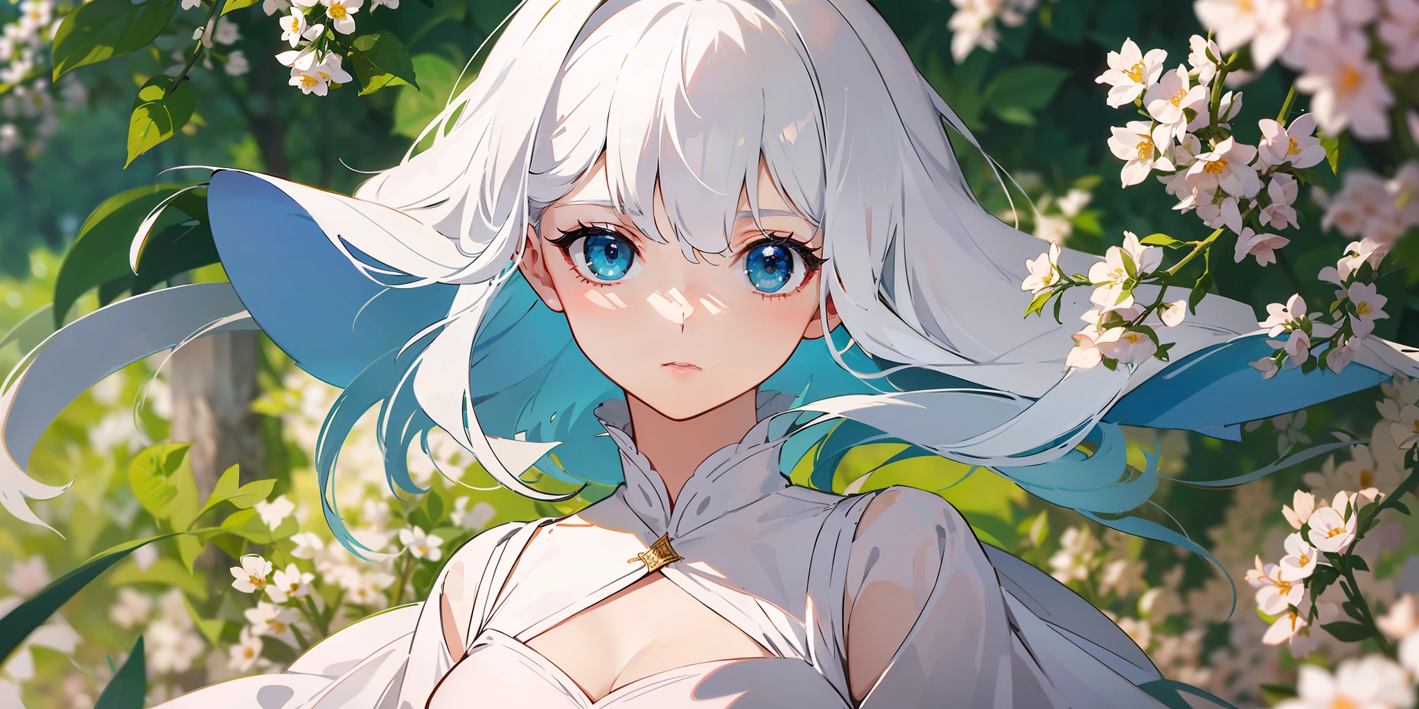 Cinematic Effects, Fancy Effects, Intricate Details, Solo, 1 Maiden, (2D + Crooked Bob: 1.2), Delicate Eyes, White Dress, Garden, Ultra Wide Angle Lens, Sunlight, Light and Shadow, Reverent, Holy, White and Tender Complexion, Quiet ,,,, Afternoon, Purity, Colorful Background, Petals, Wind, Bushes,