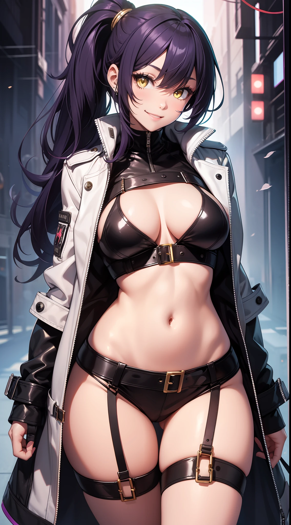 Young black girl, long purple hair, high ponytail, yellow eyes, white leather jacket, open belly, smile, open breasts, masterpiece, high quality