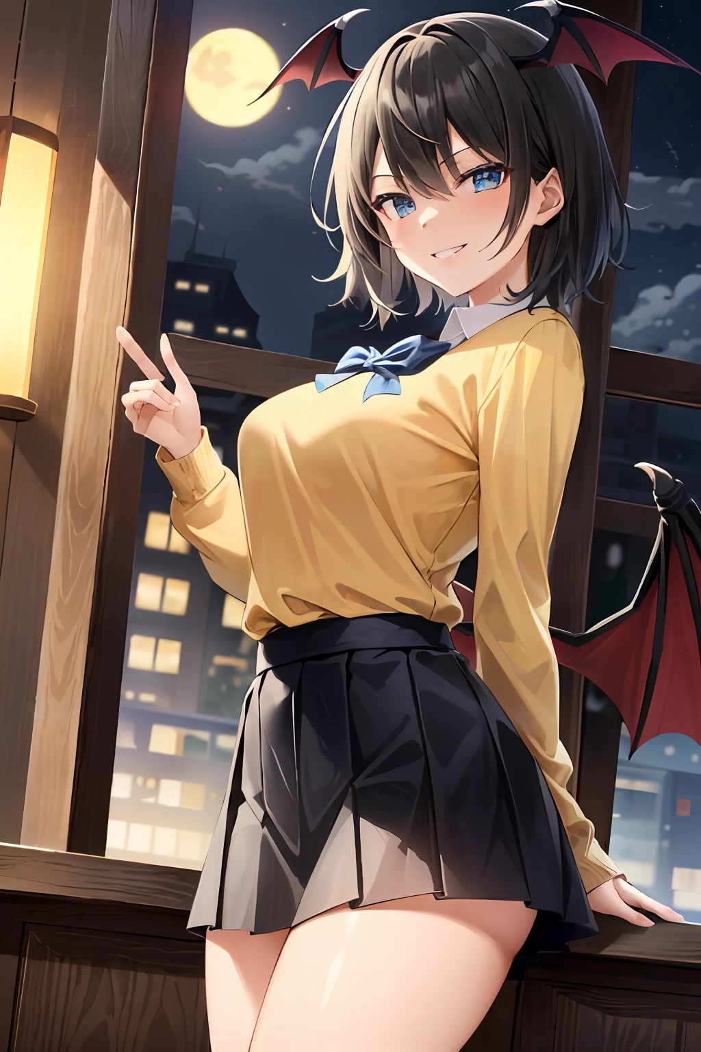 masterpiece, top quality, high resolution, masterpiece, adult woman, one, yellow sweater, long sleeve sweater, pleated miniskirt, black miniskirt, short hair, evil smile, black hair, bat wings, bad smile, evil plan, night classroom, school uniform, uniform, blue eyes