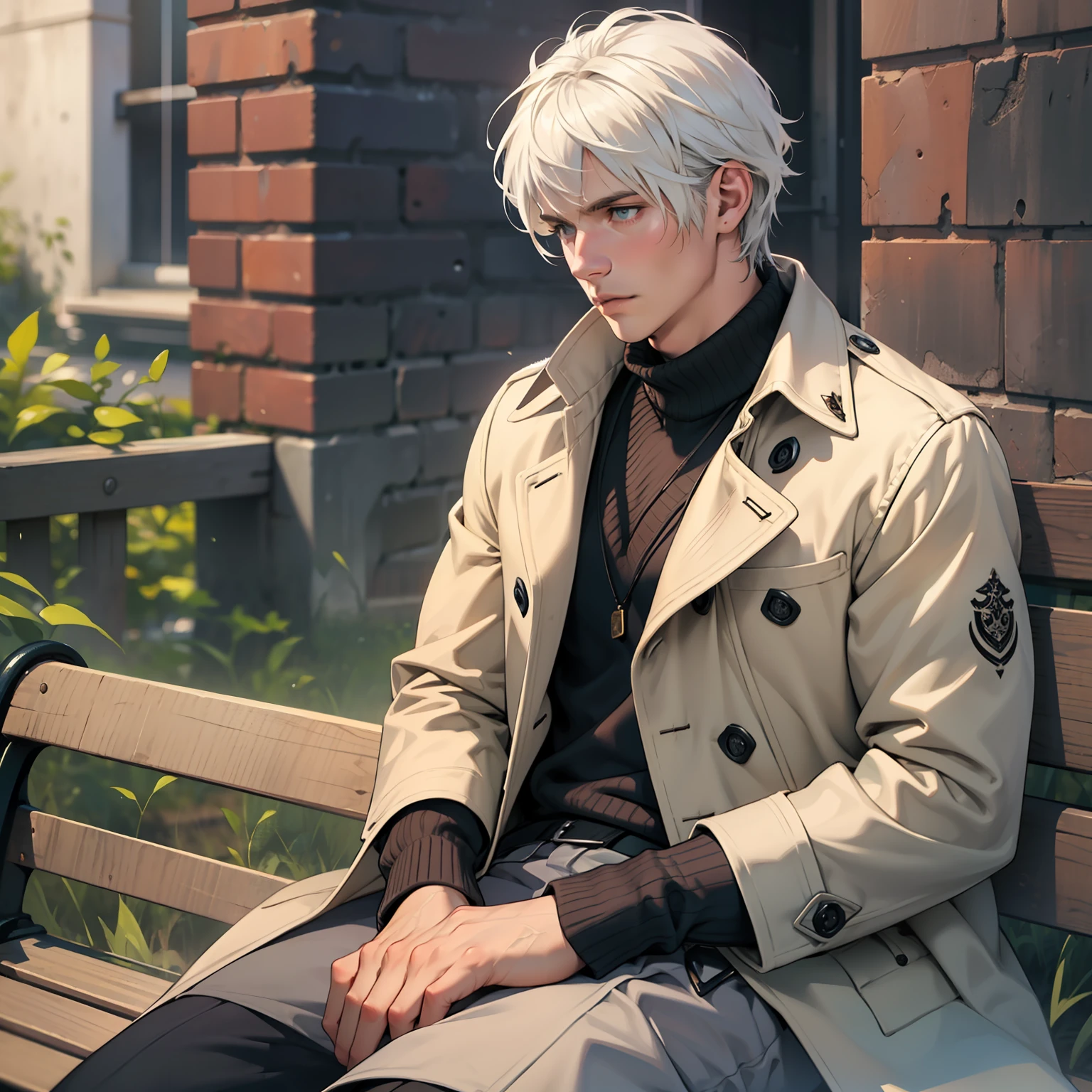 ((realistic: 1.5)),((best quality)), ((masterpiece)),((detailed)), man, young, white-haired, short, coat, sitting on a square bench