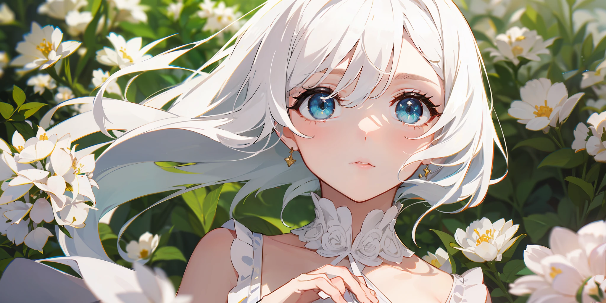 Cinematic Effects, Fancy Effects, Intricate Details, Solo, 1 Maiden, (2D + Crooked Bob: 1.2), Delicate Eyes, White Dress, Garden, Ultra Wide Angle Lens, Sunlight, Light and Shadow, Reverent, Holy, White and Tender Complexion, Quiet ,,,, Afternoon, Purity, Colorful Background, Petals, Wind, Bushes,