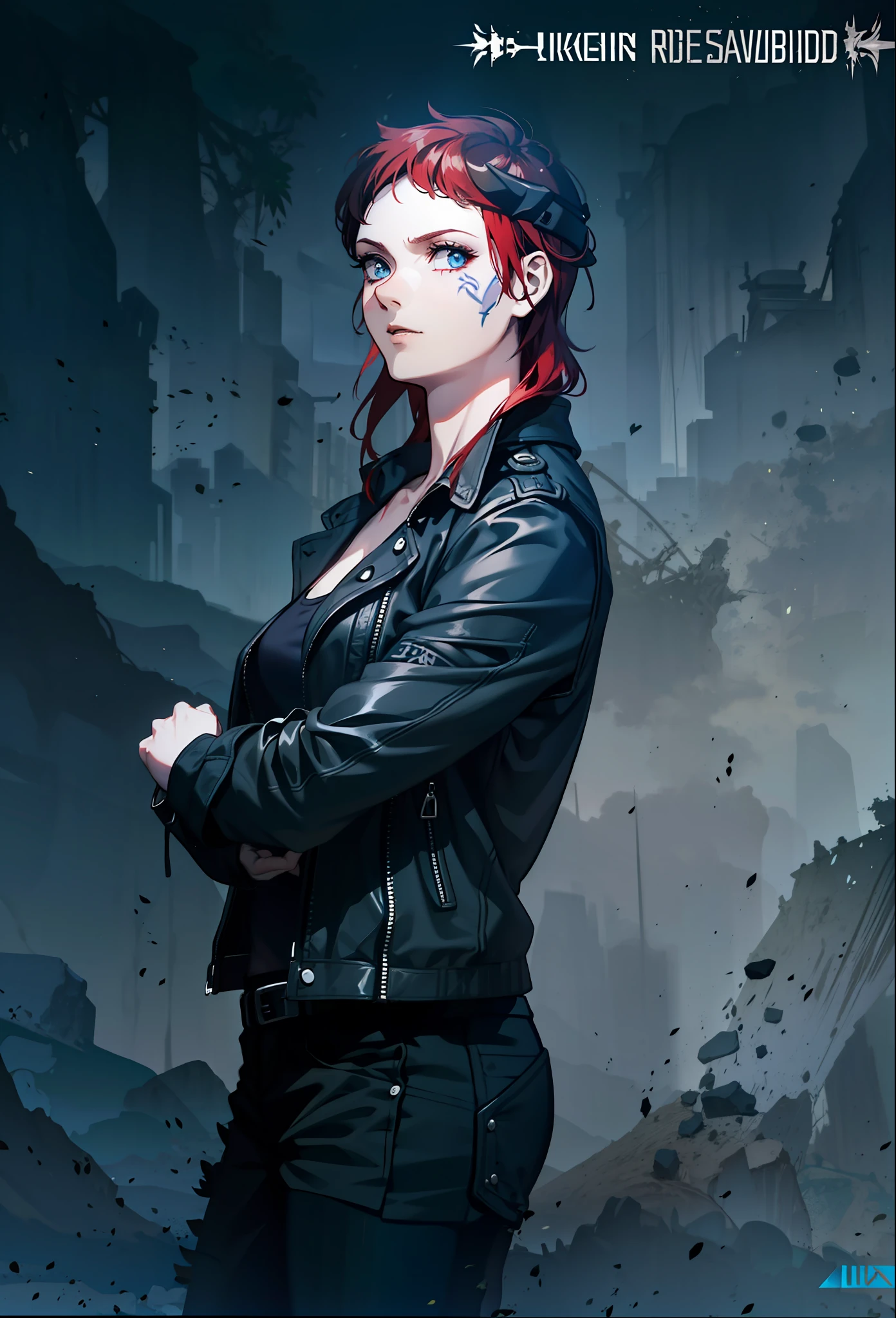 Boadicea, Red-haired Viking Undead warrior with gothic jacket and rune tattoos on her face and blooming blue eyes, 4k