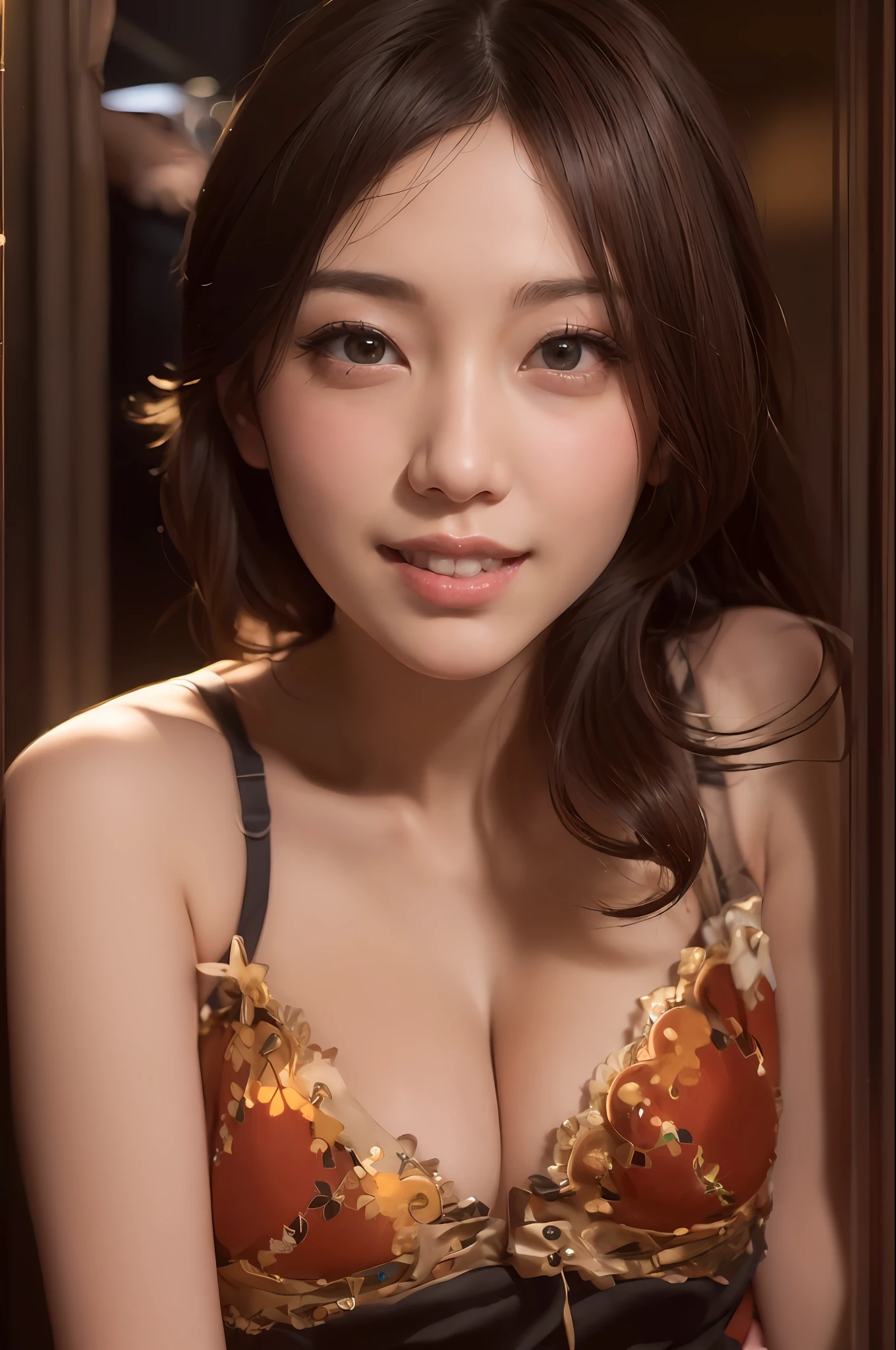 (8K, highest quality, masterpiece: 1.3), (realistic, photorealistic: 1.4), ultra high definition, (cleavage), (japanese female), (high-definition cute face), (gigantic breasts), brown hair, ponytail hair, professional lighting, (closed mouth: 1.2), blush, smile, stooped posture, roadside
