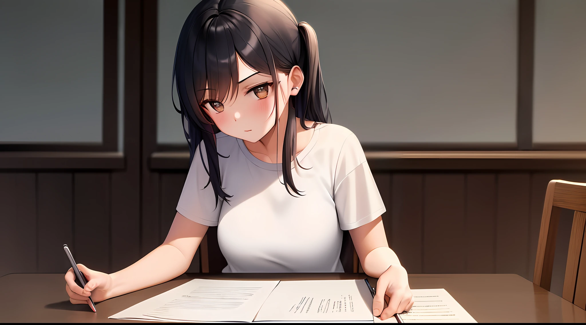 masterpiece, best quality, high resolution, one girl, loose t-shirt, girl sitting on chair studying drafting at desk, horizontal angle, serious study, paperwork, good luck studying, drafting, beauty, cute, 18 years old
