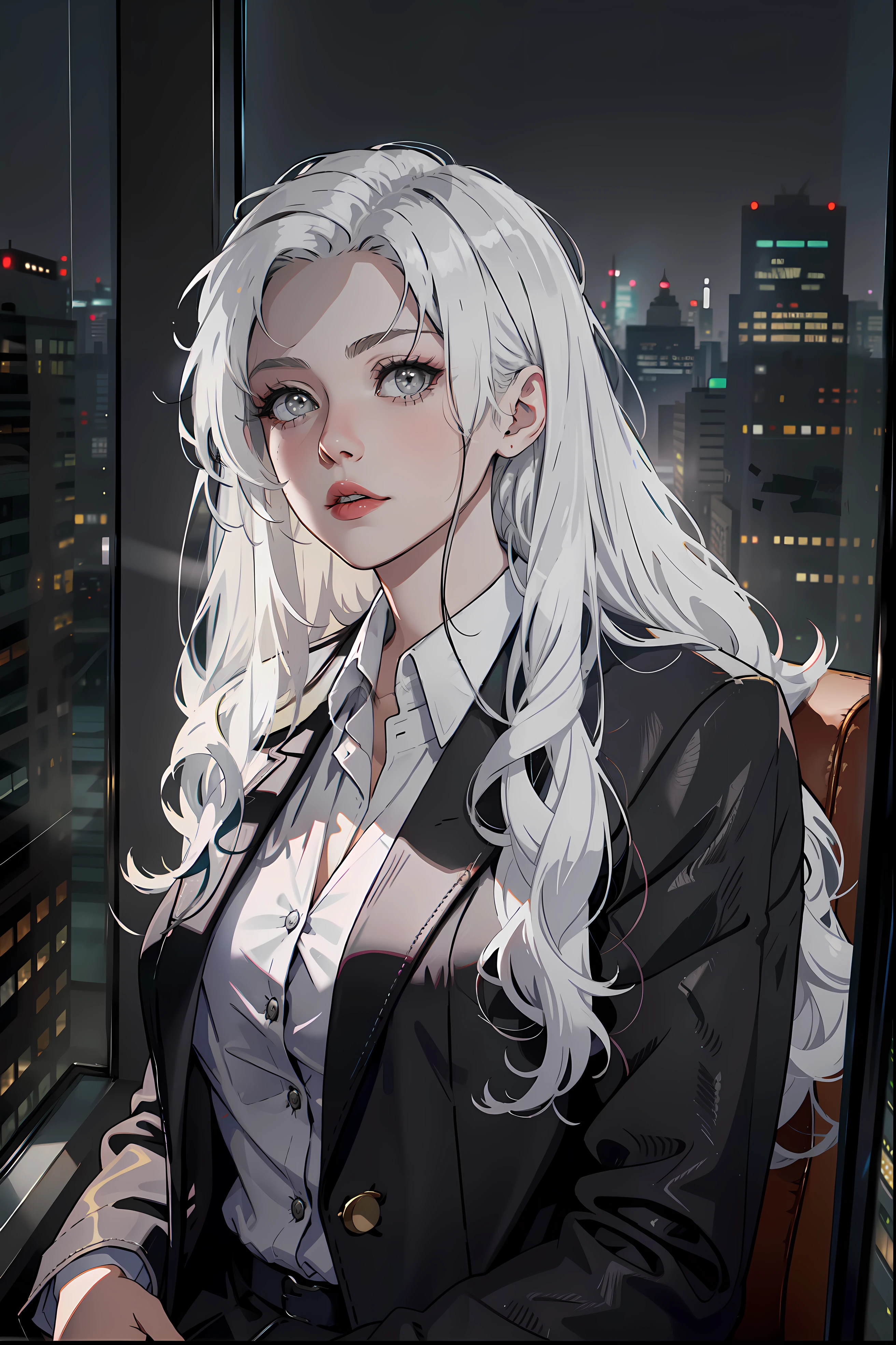 Woman wearing business outfit, formal blazer, white blouse, beautiful, masterpiece, best quality, perfect lighting, (white hair:1.2), long hair, (grey eyes:1.2), slender build, thin, medium breasts, business woman, ceo, sitting in luxurious black leather office chair, giant modern window with view of nighttime city skyline in background, close up