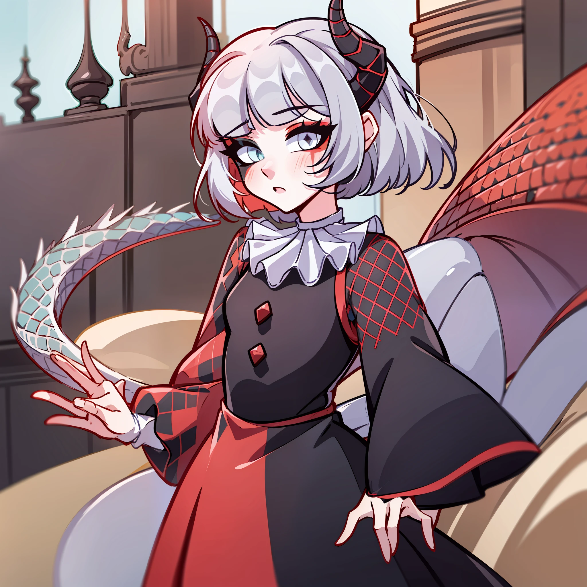 (Best quality: 1.0), (super high res: 1.0), extremely detailed character, detailed Hands, half-dragon girl, horns, scales on the neck, scales on the shoulders, scales on the forearm, scales on the cheek, girl with dragon tail, dragon tail, extremely detailed hair, short hair, ((white hair)), ((black locks)), extremely detailed eyes, eye with different colors, heterochromia, white right eye and black left eye, dragon eyes, 2d, anime art, (()), ((full body)), standing, medieval, rpg, small, cute, flushed