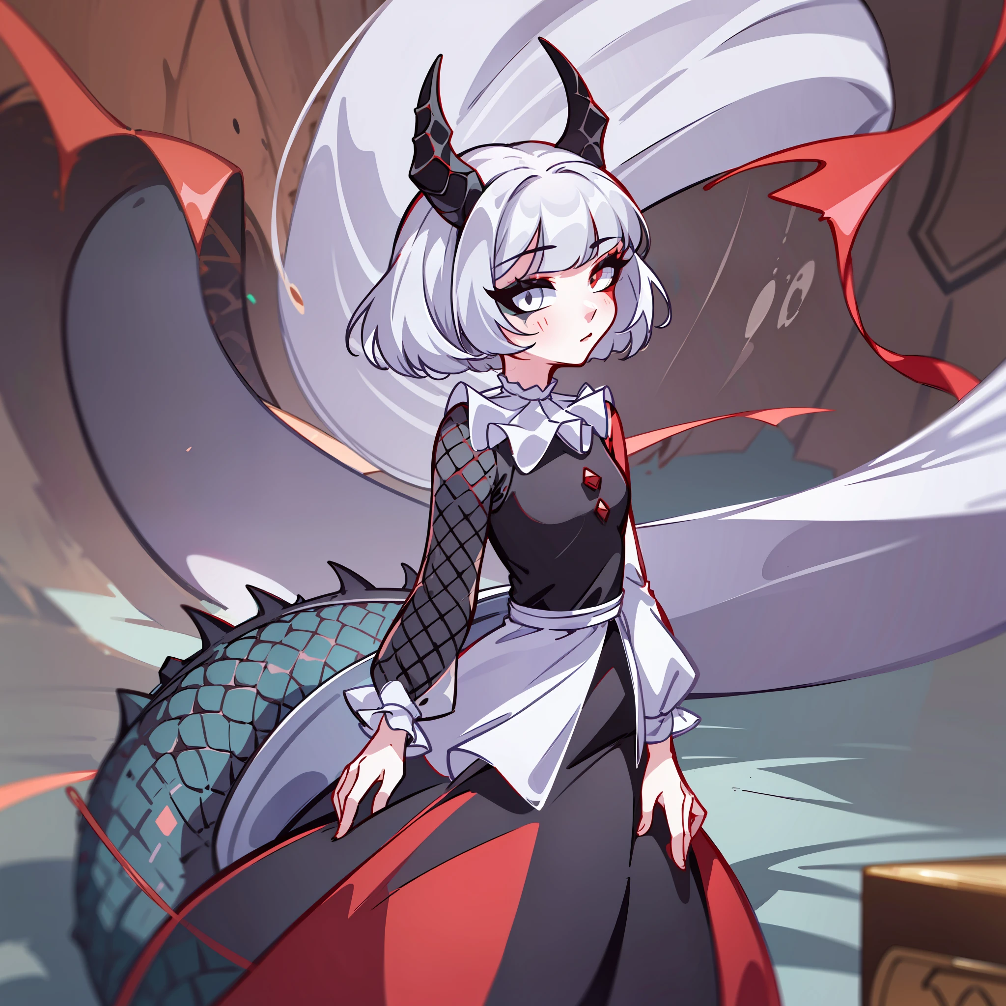 (Best quality: 1.0), (super high res: 1.0), extremely detailed character, detailed Hands, half-dragon girl, horns, scales on the neck, scales on the shoulders, scales on the forearm, scales on the cheek, girl with dragon tail, dragon tail, extremely detailed hair, short hair, ((white hair)), ((black locks)), extremely detailed eyes, eye with different colors, heterochromia, white right eye and black left eye,  dragon eyes, 2d, anime art, ((child)), ((full body)), standing, medieval, rpg, small, cute, flushed