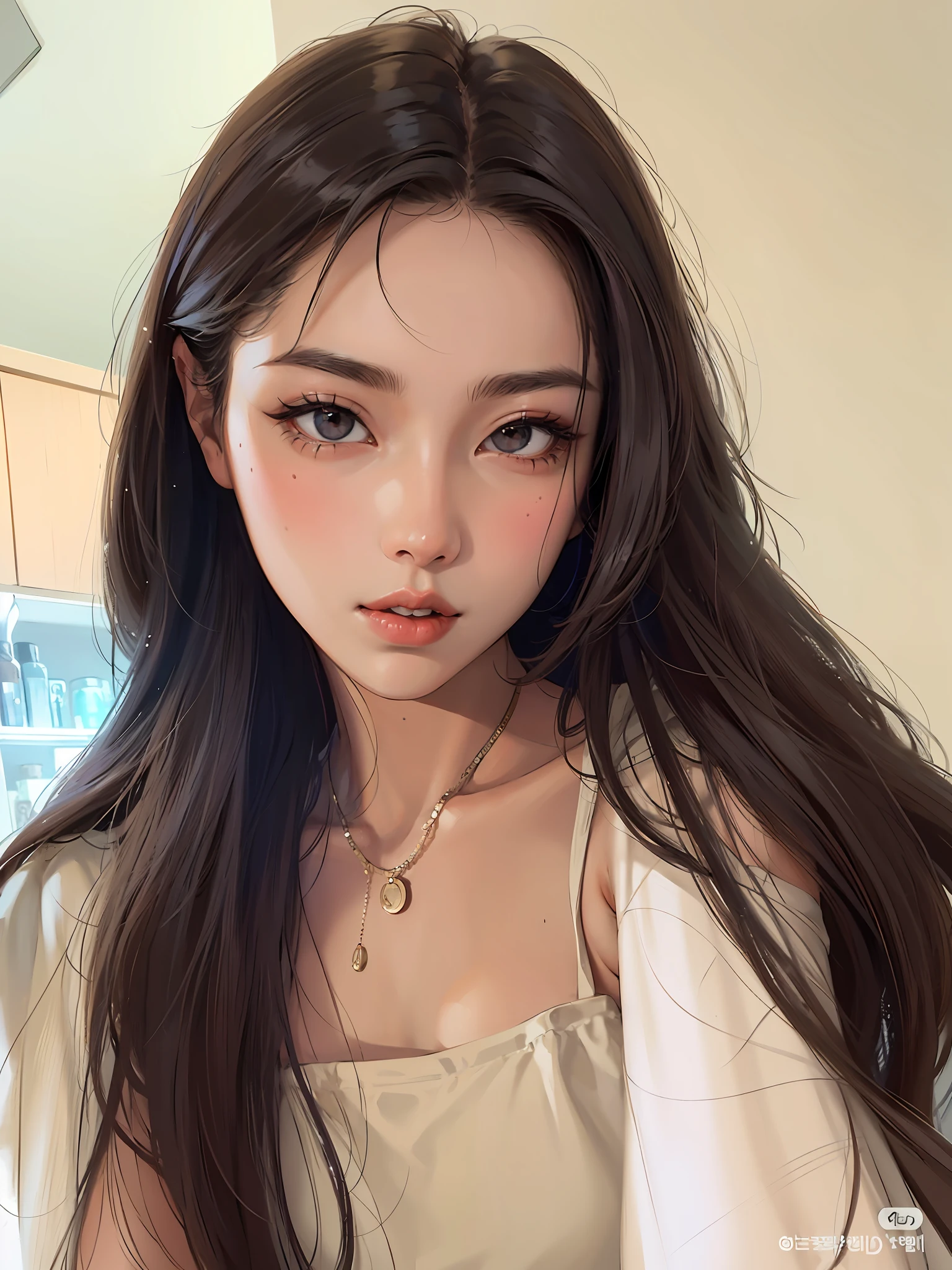 a close up of a woman with long hair wearing a white top, gorgeous young korean woman, beautiful south korean woman, beautiful young korean woman, young cute wan asian face, young adorable korean face, jinyoung shin, ulzzang, heonhwa choe, korean girl, a young asian woman, xintong chen, popular south korean makeup, beautiful asian girl