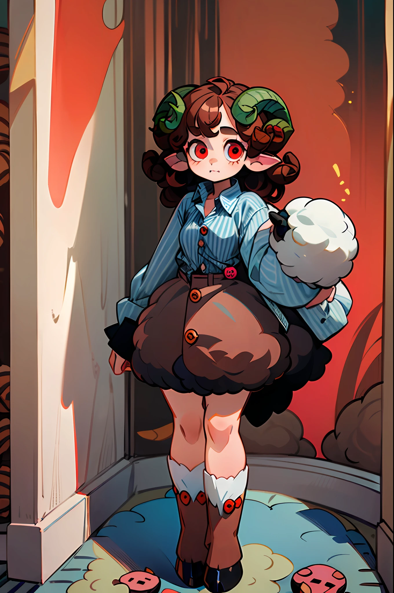 ((Full body):1.5),((9 girl /with sheep horns):1.5) ,((brown curly hair):1.2), (wearing blue striped button-down shirt :1.4),black boots ((red eyes):1.3), looking at the viewer, in a ((modern white house);1.5),4k,large hips