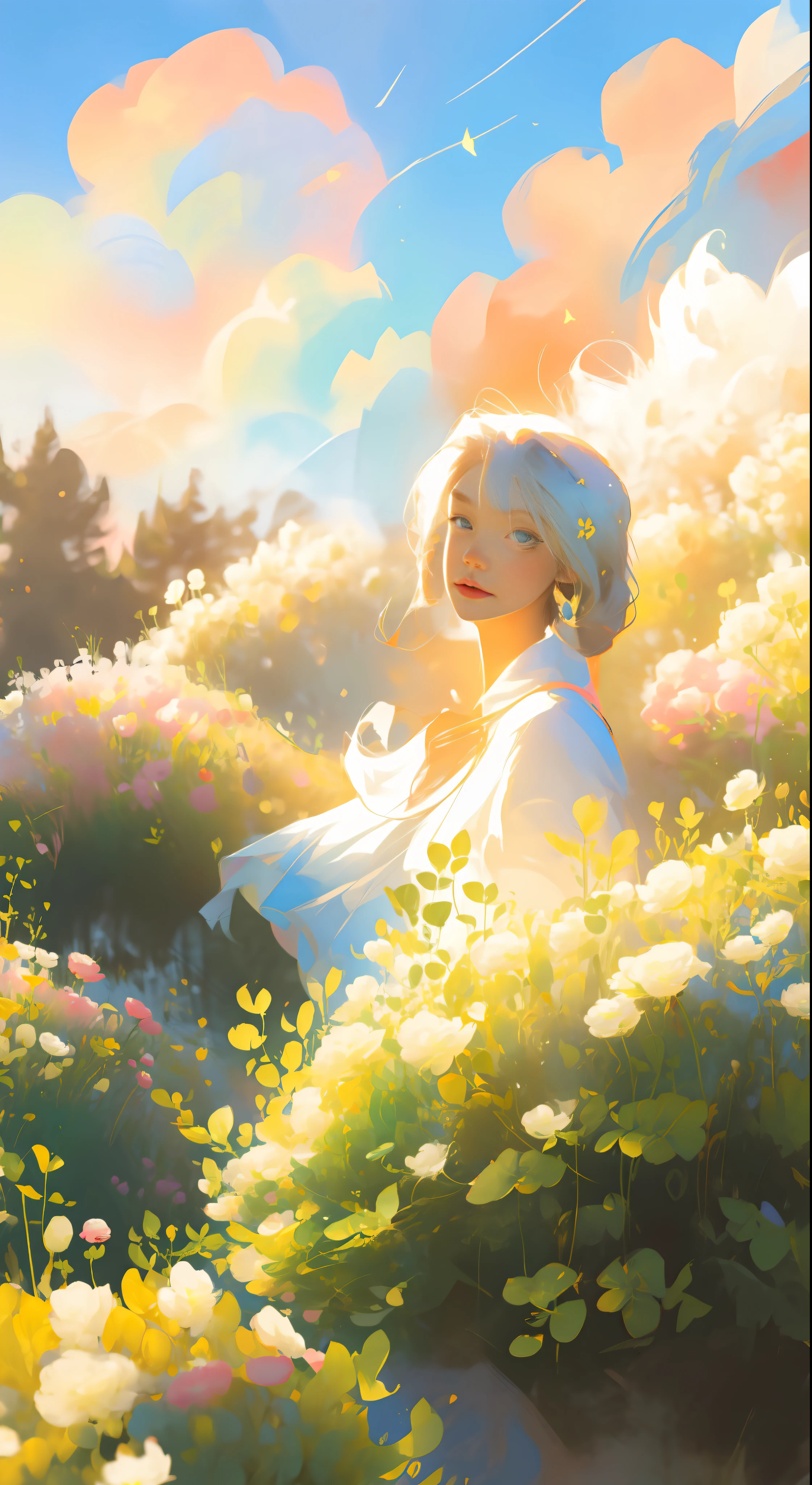 (best quality, masterpiece), "perfection in the strokes of the eyes" 1girl, pose, particle, wind, flower, upper body, background sky, looking at the viewer, focus on the face, blonde, superior beauty, beautiful woman, celestial beauty, sunny weather, colorful flowers, spectacular scenery,