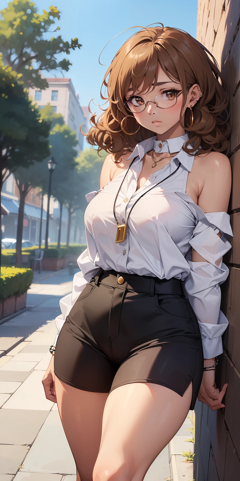 ((masterpiece)), ((best quality)), ((anime profile style)), ((brown skin)), 20 year old girl, ((light brown eyes)), ((perfect)), ((clear round glasses)), eyebrow, nose, ear, ((ear piercing)), mouth, ((curly hair)), neck, shoulders, arms, ((White long shirt)), ((short)) , ((thick legs)), ((big thigh)), (neck chain), background scenery