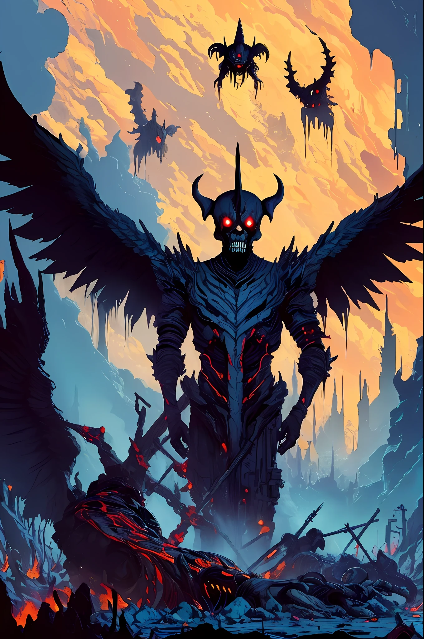 Demon with black wings and sickle around dead bodies, war, horror, cosmic terror, dark tones, morbid atmosphere, nuclear disaster, dystopia, blood, Apocalypse, by Kilian Eng