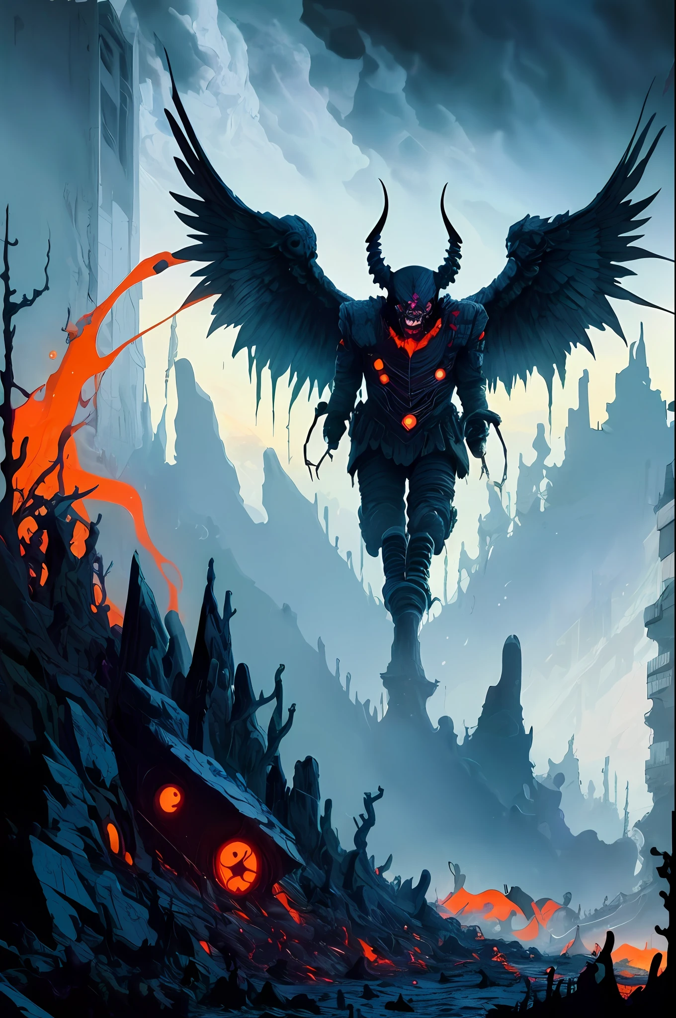 Demon with black wings and sickle around dead bodies, war, horror, cosmic terror, dark tones, morbid atmosphere, nuclear disaster, dystopia, blood, Apocalypse, by Kilian Eng