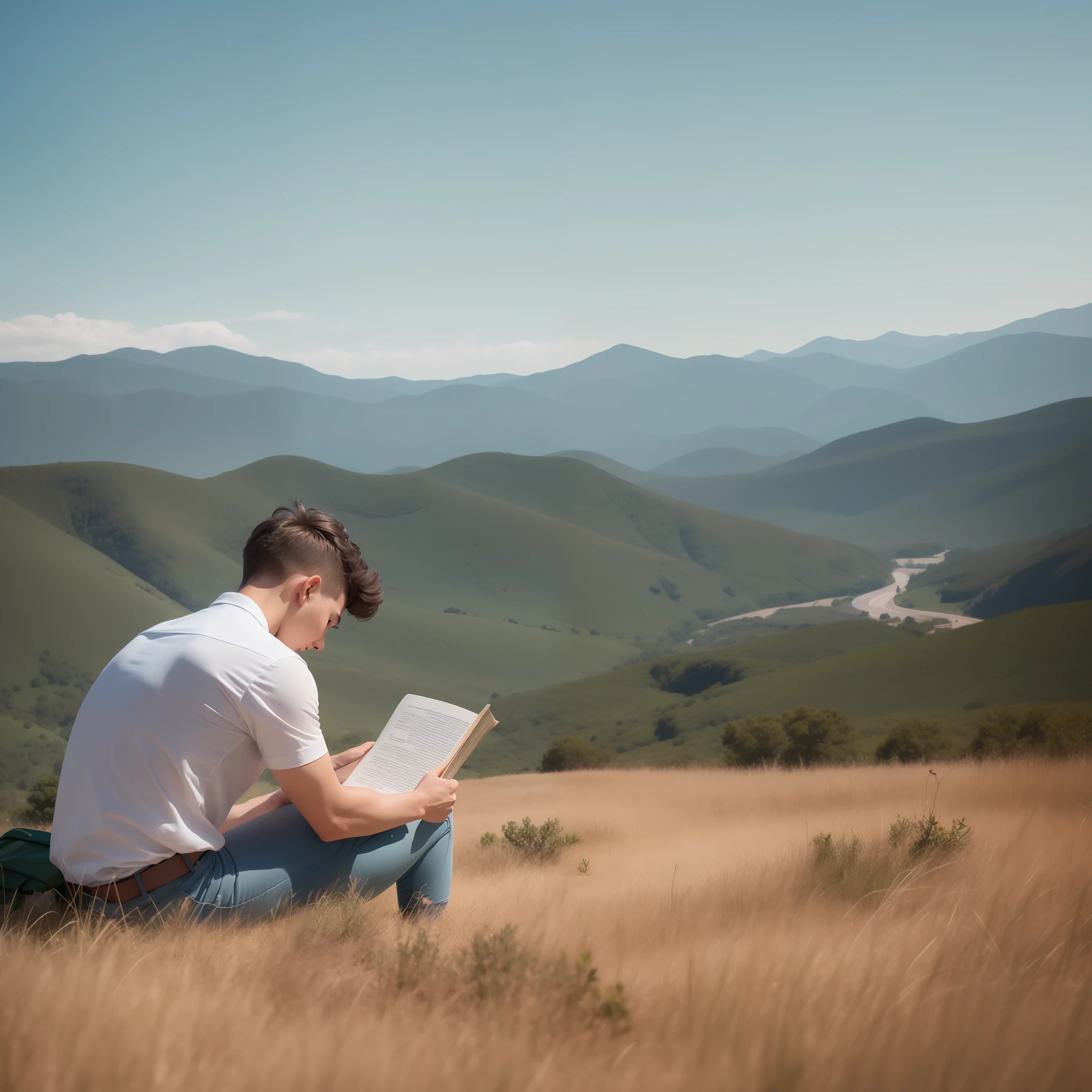 Detailed,4K, man on his back reading a book with a beautiful landscape in the background