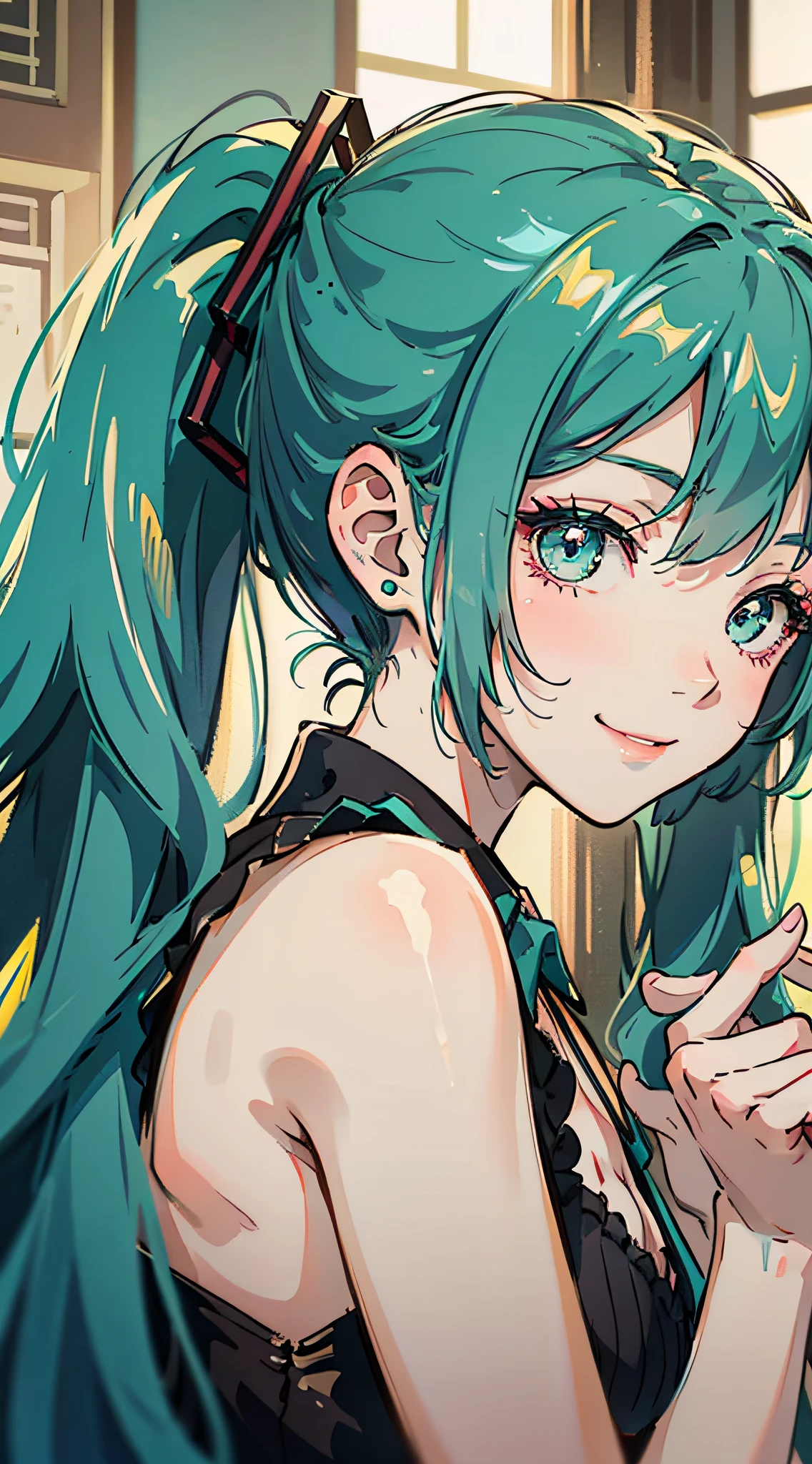 Korean girl, black hair, older sister, tying her hair into a ponytail and smiling to the narrator, high definition picture, masterpiece, (beautiful girl, cafe, seductive, virgin, sexy), (secretary), fierce smile, Miku, Hatsune Miku,