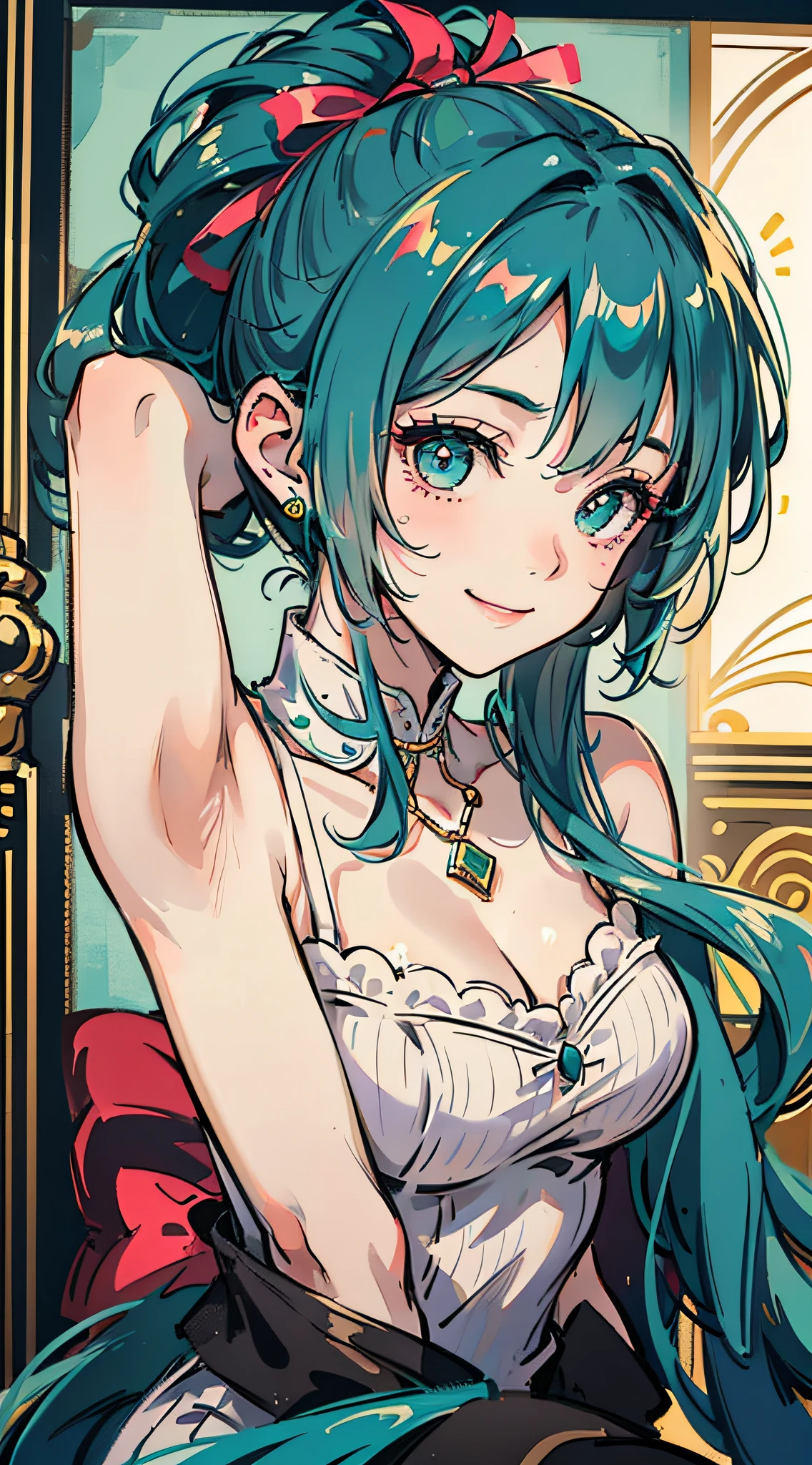 Korean girl, black hair, older sister, tying her hair into a ponytail and smiling to the narrator, high definition picture, masterpiece, (beautiful girl, cafe, seductive, virgin, sexy), (secretary), fierce smile, Miku, Hatsune Miku,