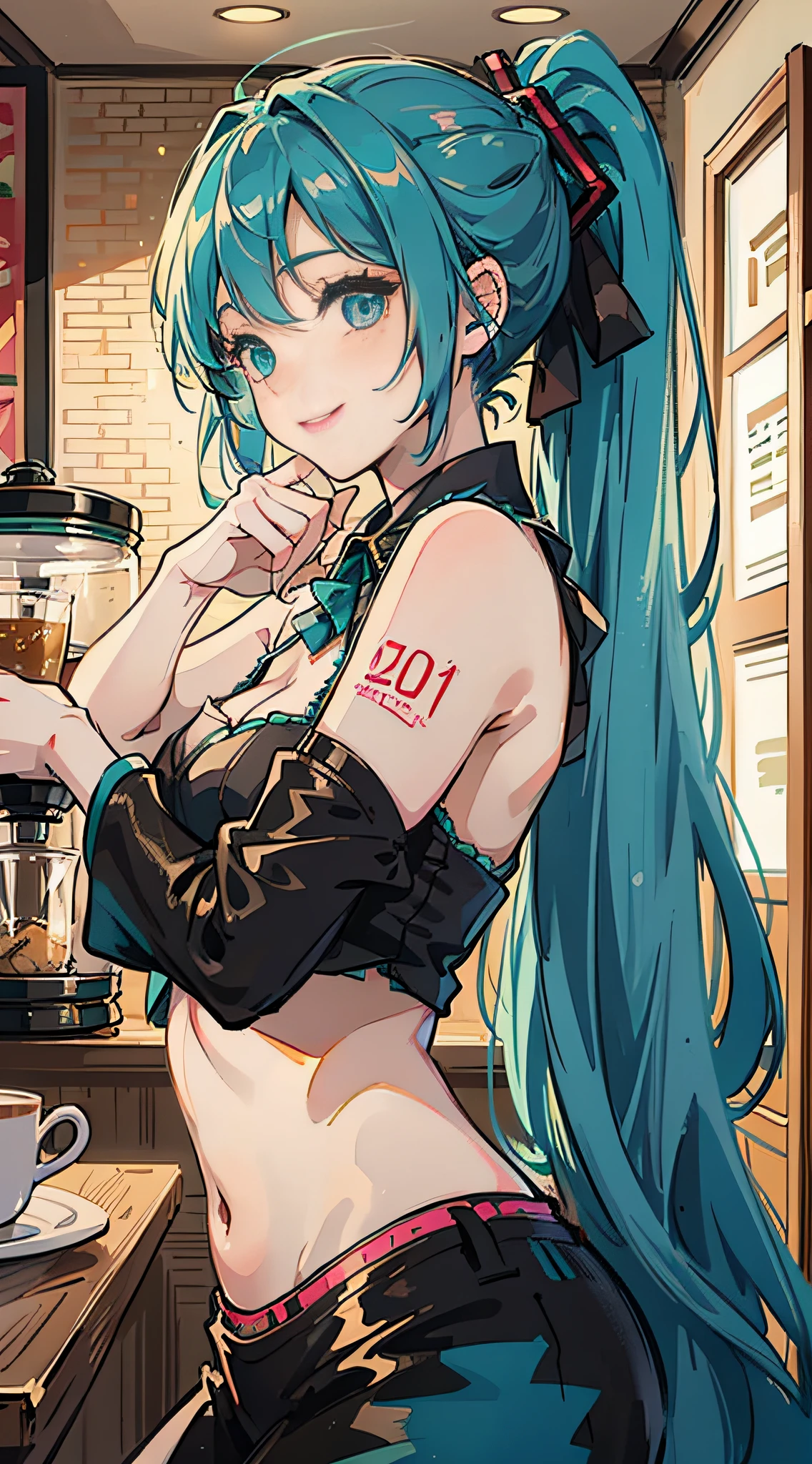 Korean girl, black hair, older sister, tying her hair into a ponytail and smiling to the narrator, high definition picture, masterpiece, (beautiful girl, cafe, seductive, virgin, sexy), (secretary), fierce smile, Miku, Hatsune Miku,