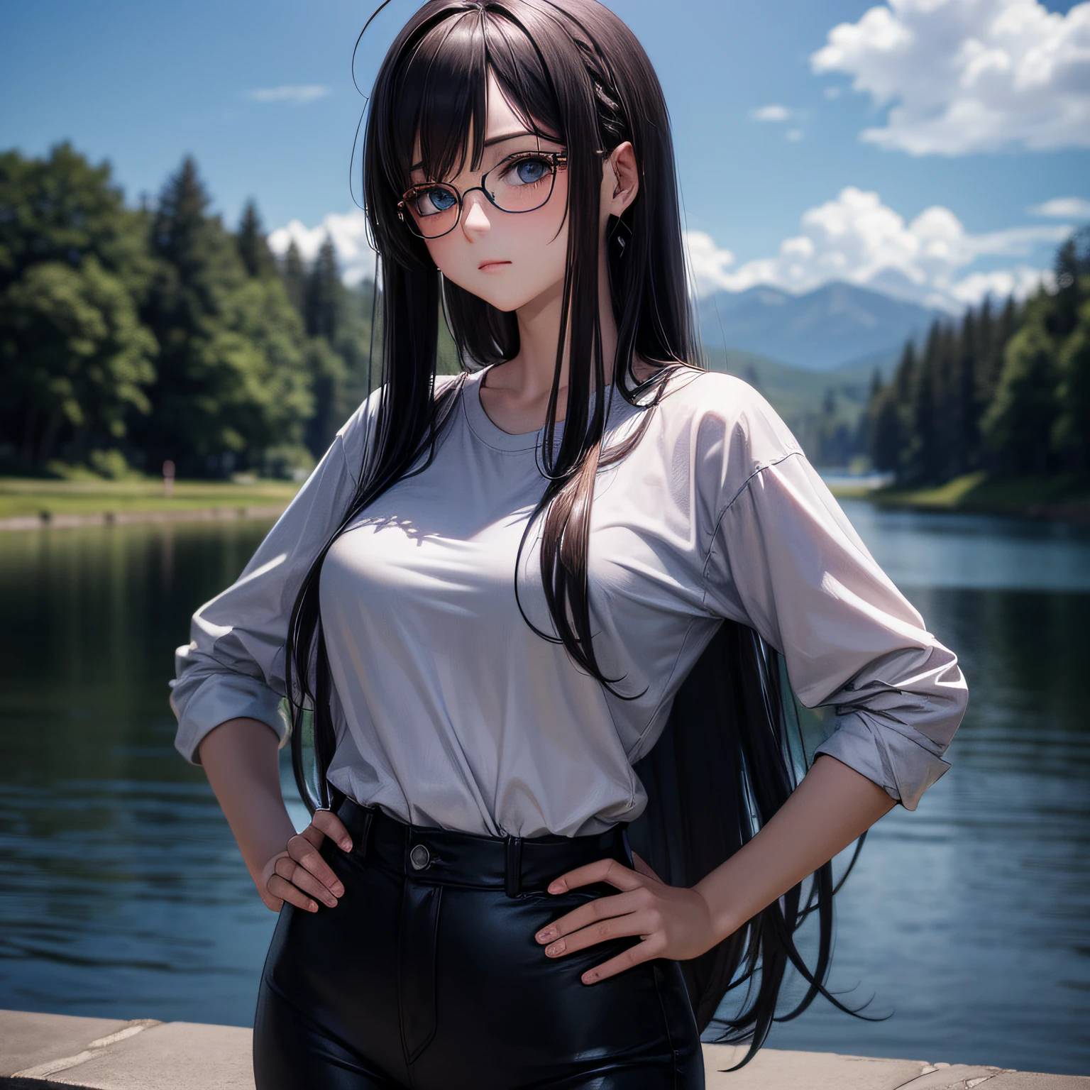 ((((masterpiece)))),
pixiv,
best quality,
anime, a girl,
upper body,
put hands on hips,
location is in front of the lake,
white skin,long hair,
black hair,
straight hair,
((((middle parted hairstyle)))),
blue eyes,tareme,
Women's White Shirts,
glasses --auto