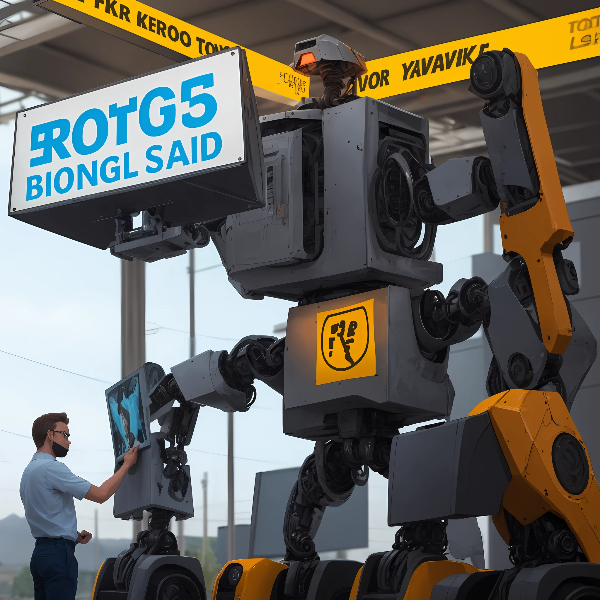 5 robot holding 1 big sign overhead