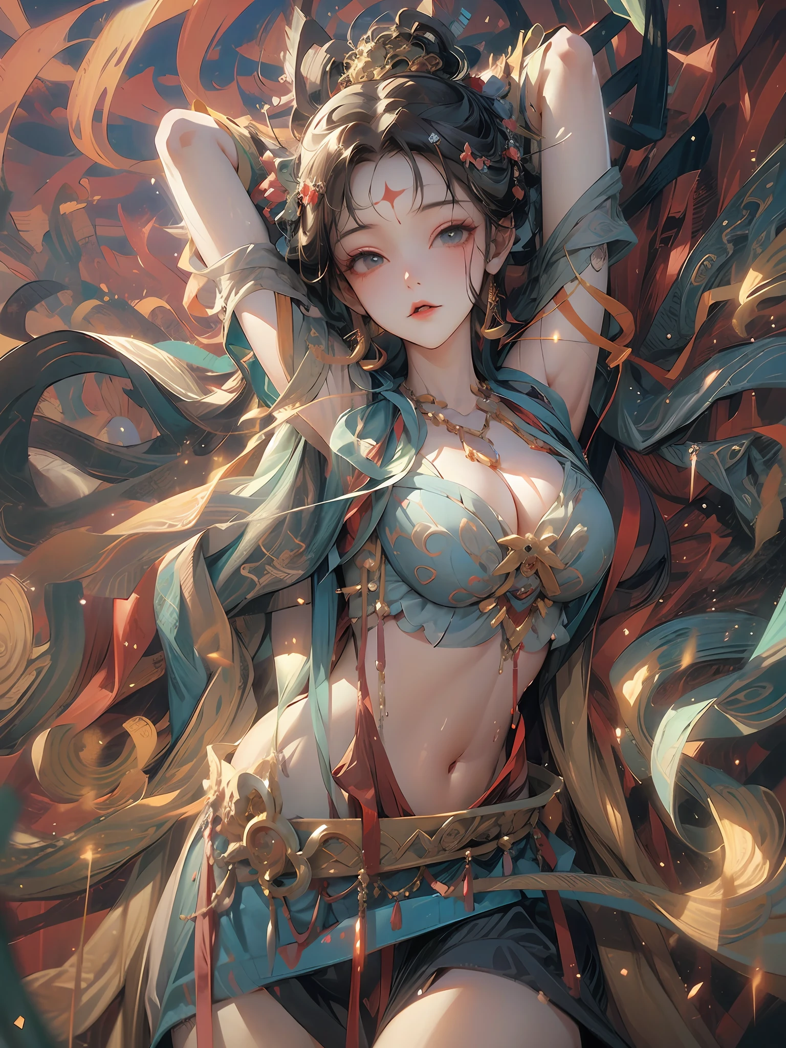 (((masterpiece))), (((best quality))), ((ultra-detailed)), 1girl, solo, huge breasts, outdoors, landscape, from above, lying, on back,wariza, hair ornament, dunhuang_style, dunhuang_cloths, dunhuang_background,