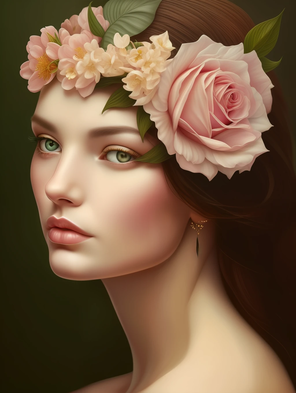 A botanical whimsical masterpiece in the style of Marco Mazzoni, detailed, hyper-realistic, elemets of symbolism and surrealism, intricate design, insanely beautiful woman, flowers, butterflies, pastel, golden and jewelry details, looking at the viewer, looking straight to the camera.