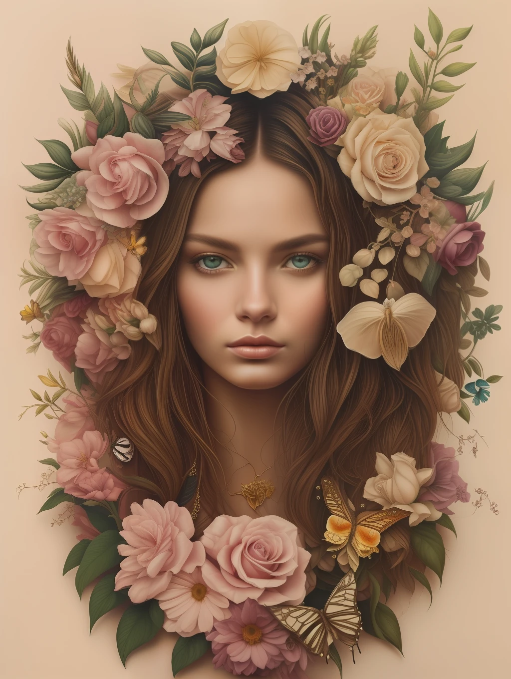A botanical whimsical masterpiece in the style of Marco Mazzoni, detailed, hyper-realistic, elemets of symbolism and surrealism, intricate design, insanely beautiful woman, flowers, butterflies, pastel, golden and jewelry details, looking at the viewer, looking straight to the camera.