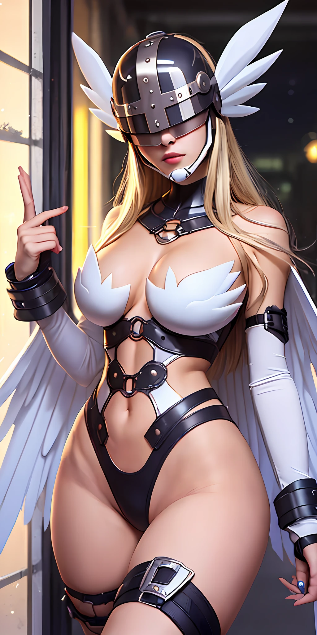 ((ultra high resolution 8k)) the most beautiful girl, the most beautiful of all, pink lips, Digimon\(Angewomon\), transparent fiber helmet, transparent blue helmet, sexy outfit,\(angewomon\),1girl,solo,large_breasts, steampunk