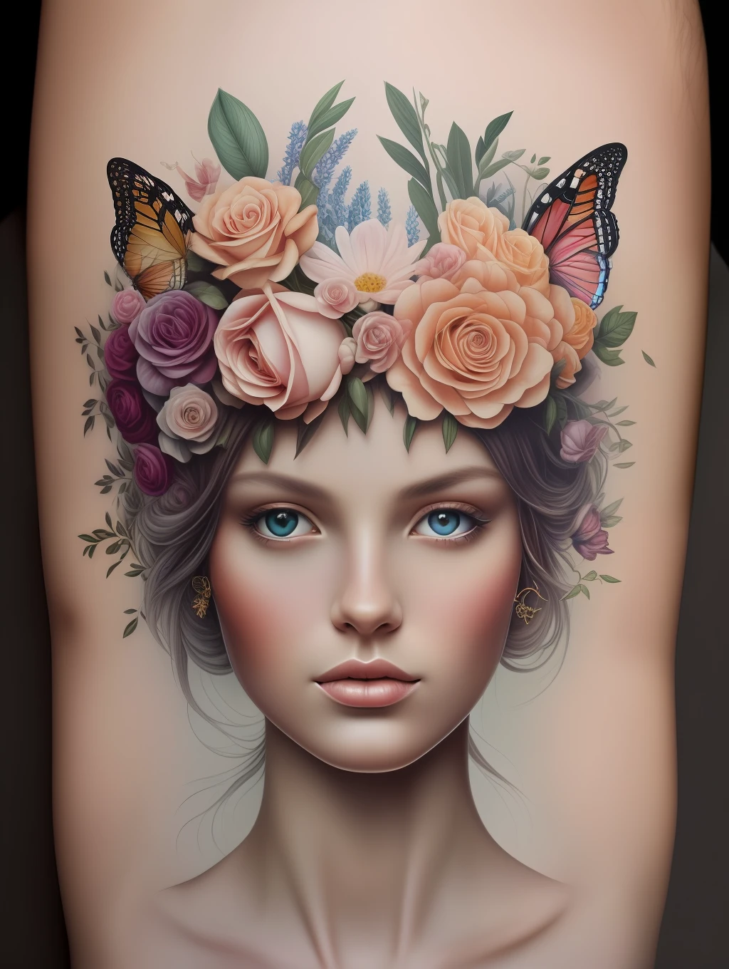 A botanical whimsical masterpiece in the style of Marco Mazzoni, detailed, hyper-realistic, elemets of symbolism and surrealism, intricate design, insanely beautiful woman, flowers, butterflies, pastel, golden and jewelry details, looking at the viewer, looking straight to the camera.