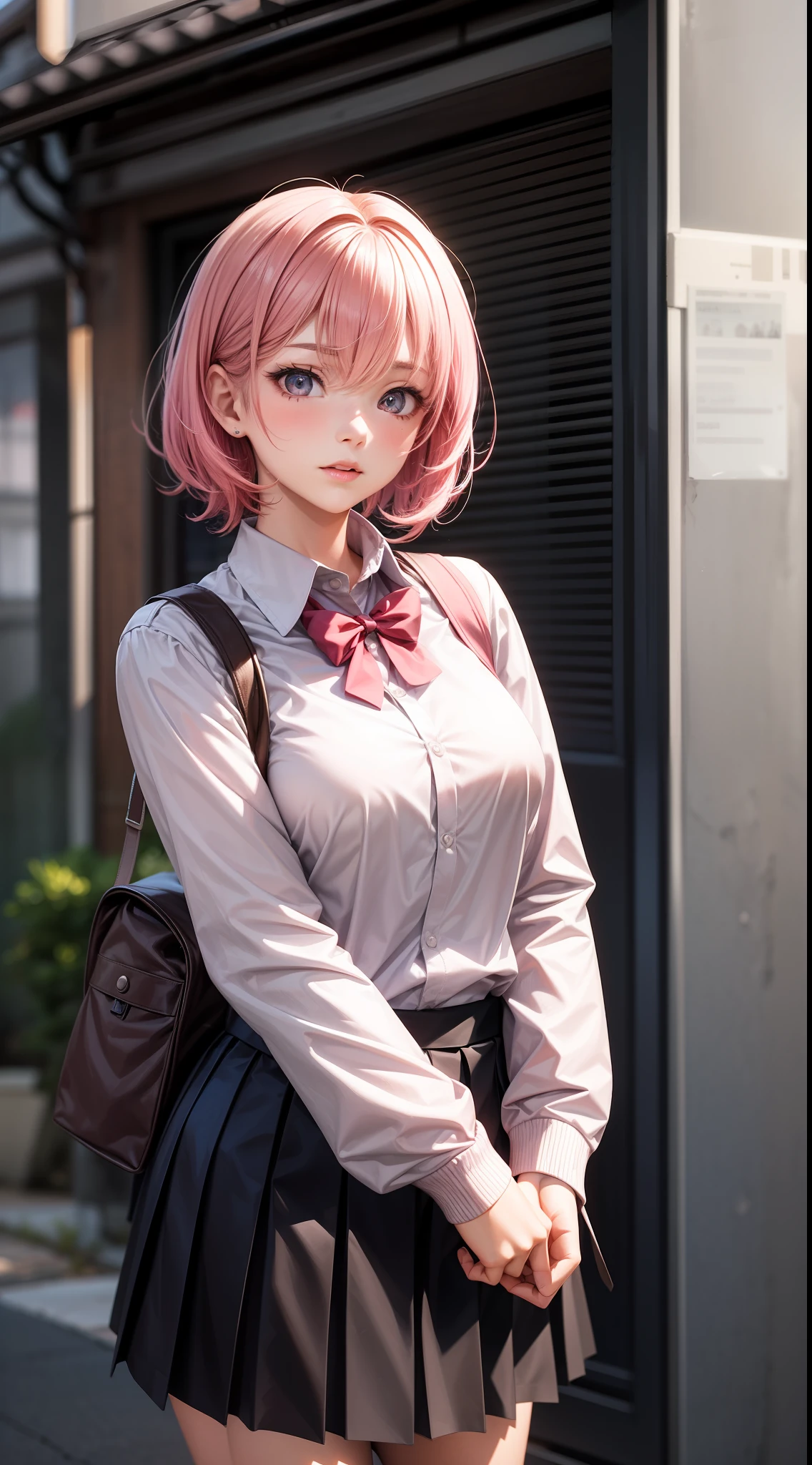 1 girl, 22 years old, short pink hair, school uniform, Japanese anime style, (standing at the university gate: 1.4), collared long-sleeved shirt, pleated skirt, pink long-sleeved collared shirt
