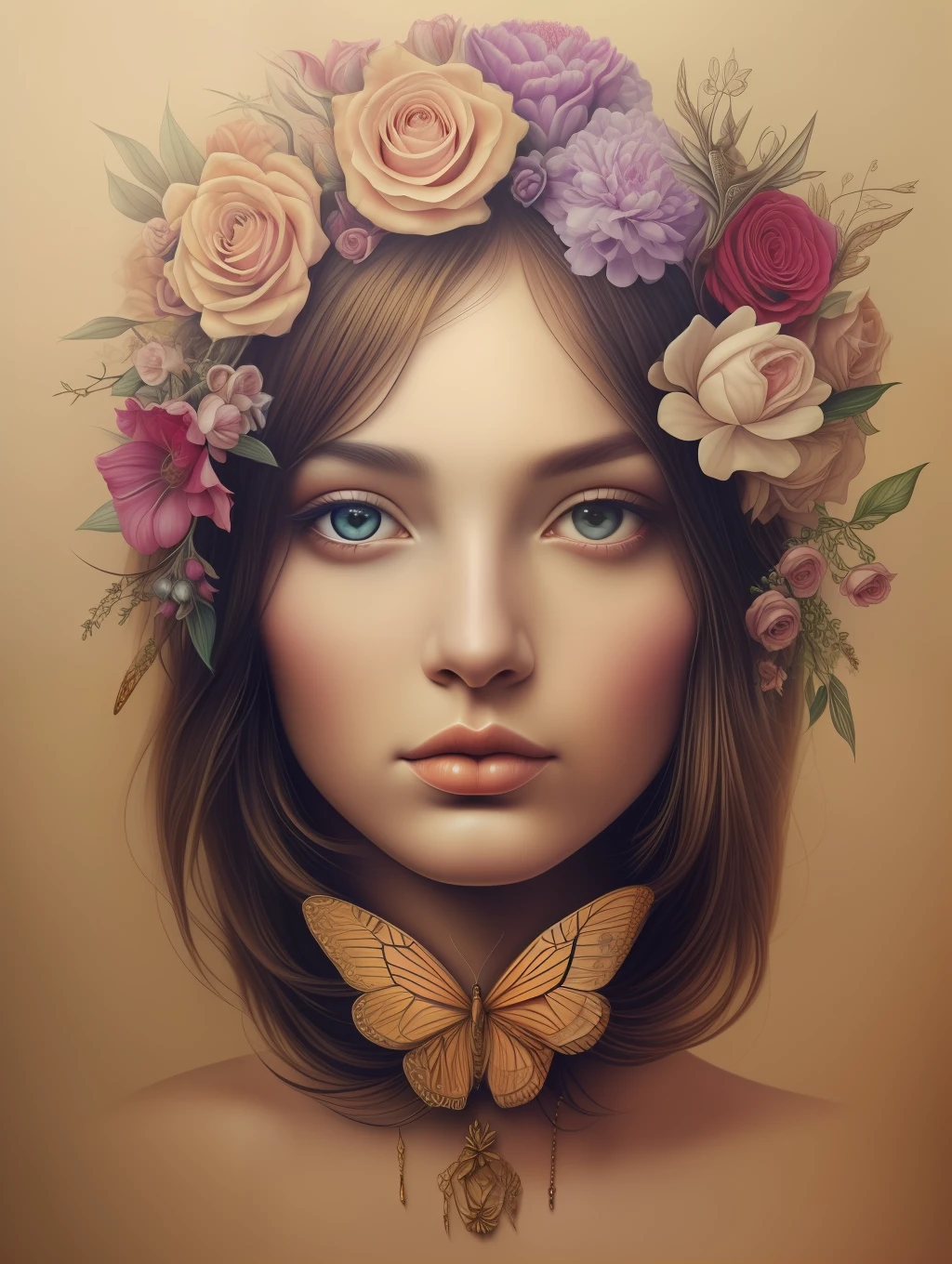 A botanical whimsical masterpiece in the style of Marco Mazzoni, detailed, hyper-realistic, elemets of symbolism and surrealism, intricate design, insanely beautiful woman, flowers, butterflies, pastel, golden and jewelry details, looking at the viewer, looking straight to the camera.