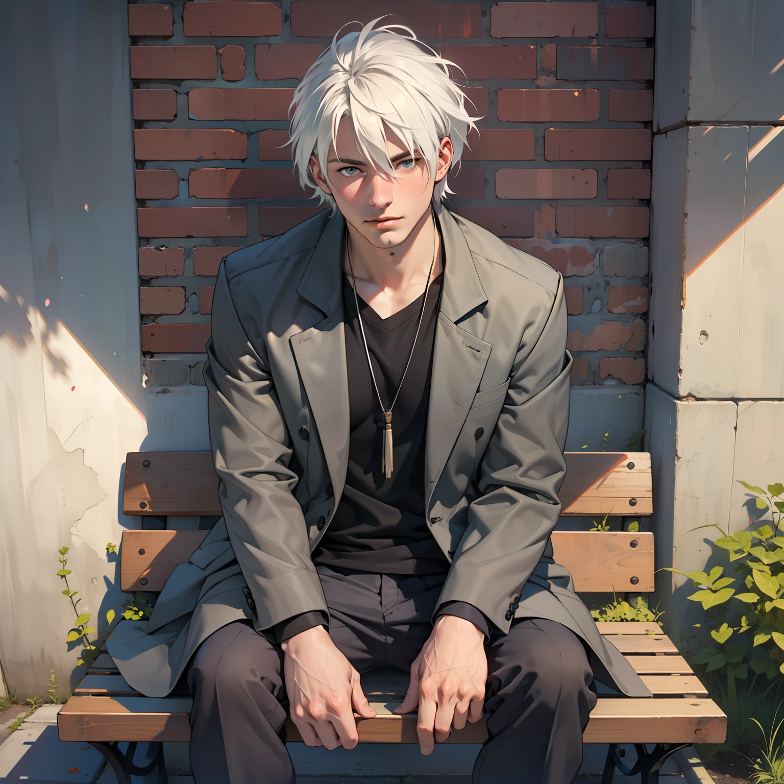 ((realistic: 1.5)),((best quality)), ((masterpiece)),((detailed)), man, young, white-haired, short, black coat, sitting on a square bench