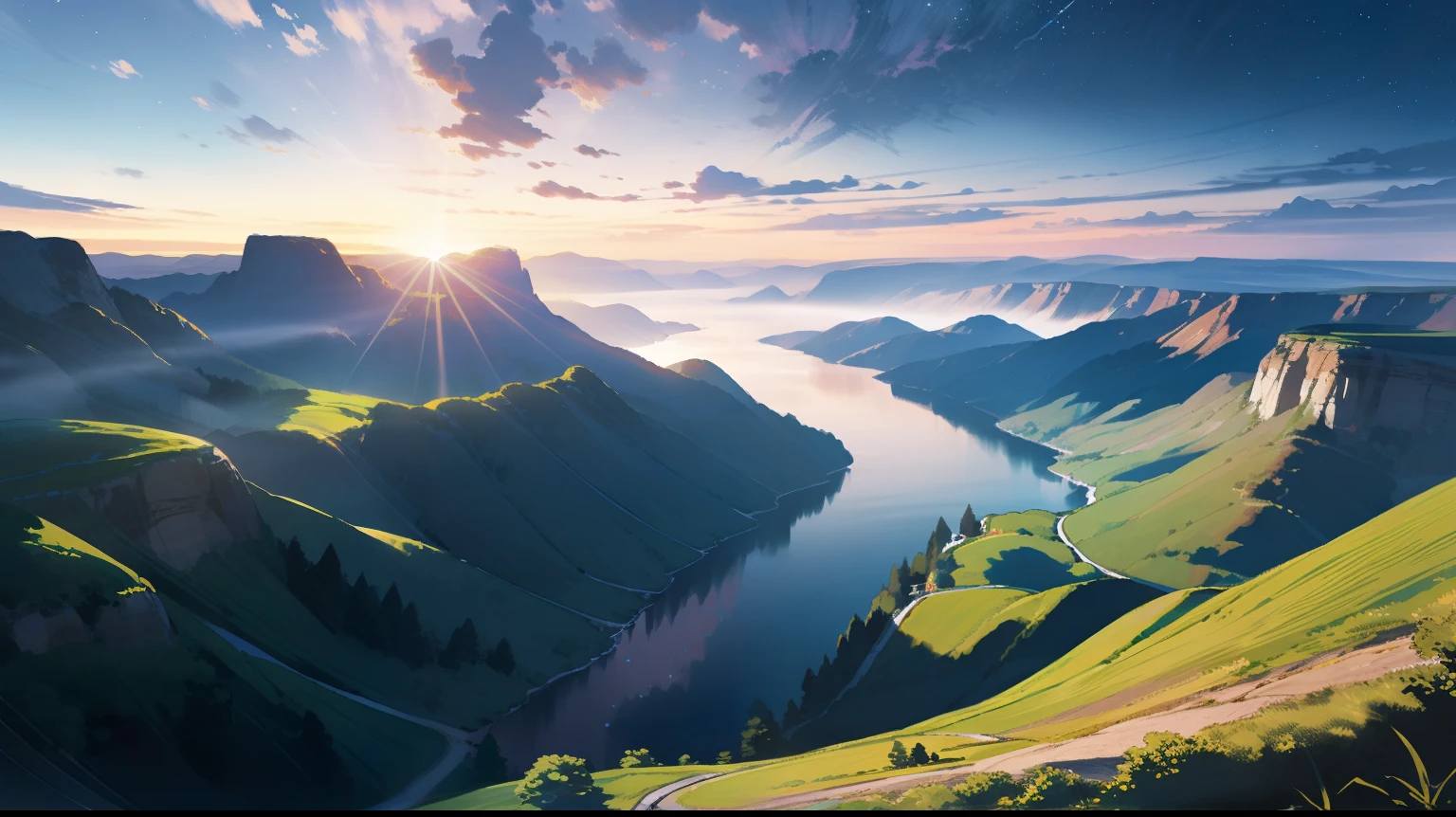 landscape, a river, forest, twilight hour, high detail,abundant,8k, concept art,high detail, distinct,