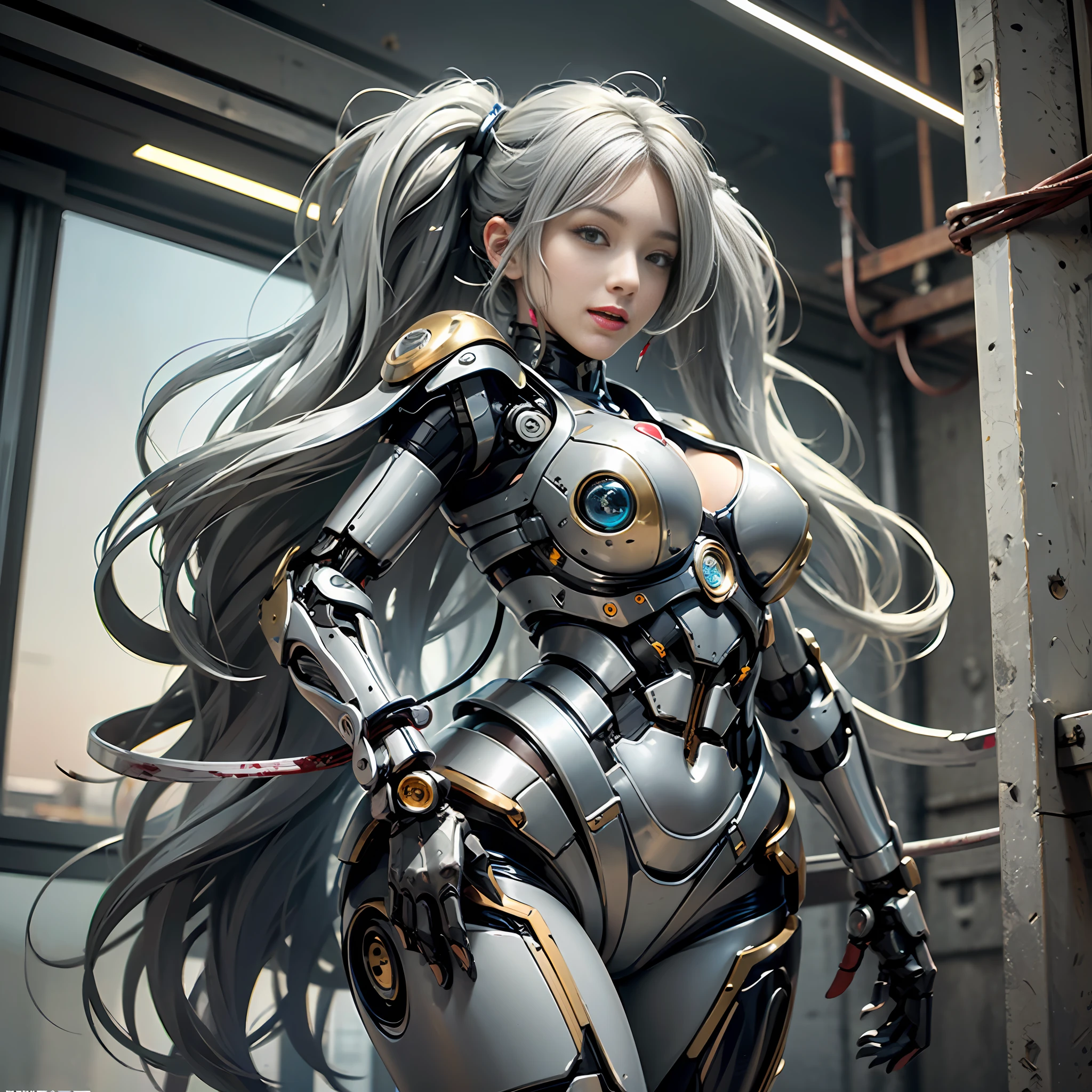 Beautiful Face,face is Japan, 1 Woman, Big, Curvaceous, (16k, RAW photo, top quality, masterpiece: 1.2), (HDR, Realistic, Photorealistic: 1.37) (tube attached to the body), (Bikini Cyborg robot parts)))), (light gray hair), Long hair, Wavy hair, Twin tails, Medium shot, ( Seductive smile)), (black eyes), double eyelids, princess cut, from below, (whole body),posing,,in the lab,( tube connected to blood vessel),((mechanical vertebrae attached to the back)),((mechanical neck attached to the neck)),(wire and cable attached to head and body),(character focus),science fiction,perfect female figure,perfect anatomy, hyperanatomy, full body shot, relationship between up to 4 fingers and 1 thumb, spherical joint,