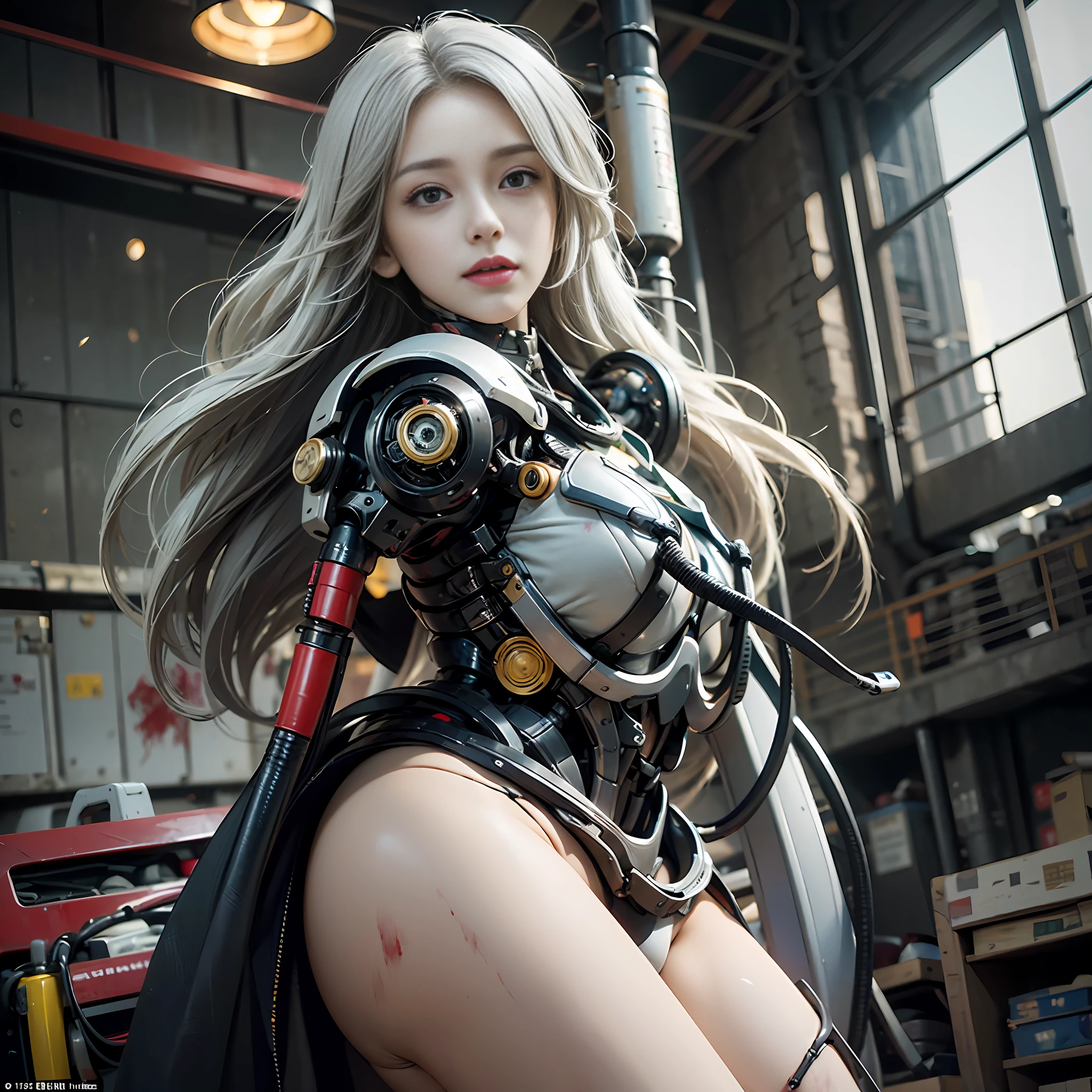 Beautiful Face,face is Japan, 1 Woman, Big, Curvaceous, (16k, RAW photo, top quality, masterpiece: 1.2), (HDR, Realistic, Photorealistic: 1.37) (tube attached to the body), (Bikini Cyborg robot parts)))), (light gray hair), Long hair, Wavy hair, Twin tails, Medium shot, ( Seductive smile)), (black eyes), double eyelids, princess cut, from below, (whole body),posing,,in the lab,( tube connected to blood vessel),((mechanical vertebrae attached to the back)),((mechanical neck attached to the neck)),(wire and cable attached to head and body),(character focus),science fiction,perfect female figure,perfect anatomy, hyperanatomy, full body shot, relationship between up to 4 fingers and 1 thumb, spherical joint,