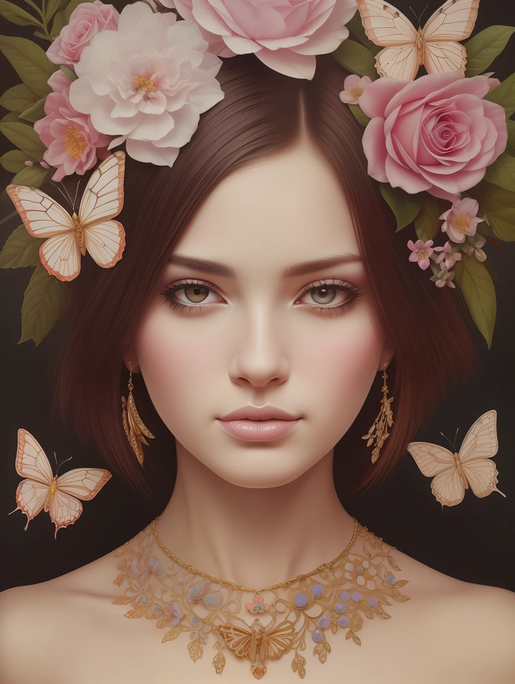 A botanical whimsical masterpiece in the style of Marco Mazzoni, detailed, hyper-realistic, elemets of symbolism and surrealism, intricate design, insanely beautiful woman, flowers, butterflies, pastel, golden and jewelry details, looking at the viewer, looking straight to the camera.